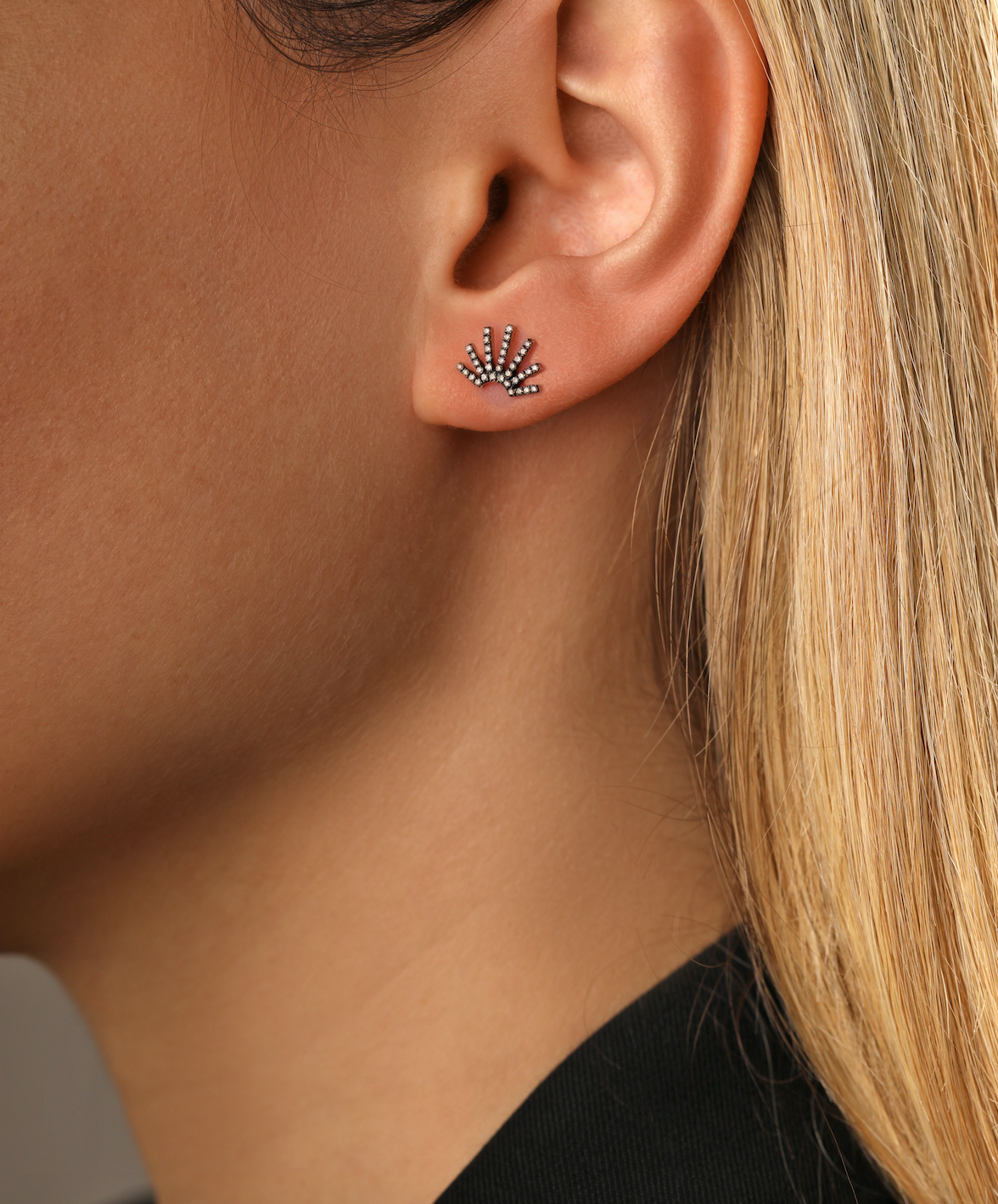 J by boghossian, white diamond, gold, earrings, half sun, stud, brown diamond