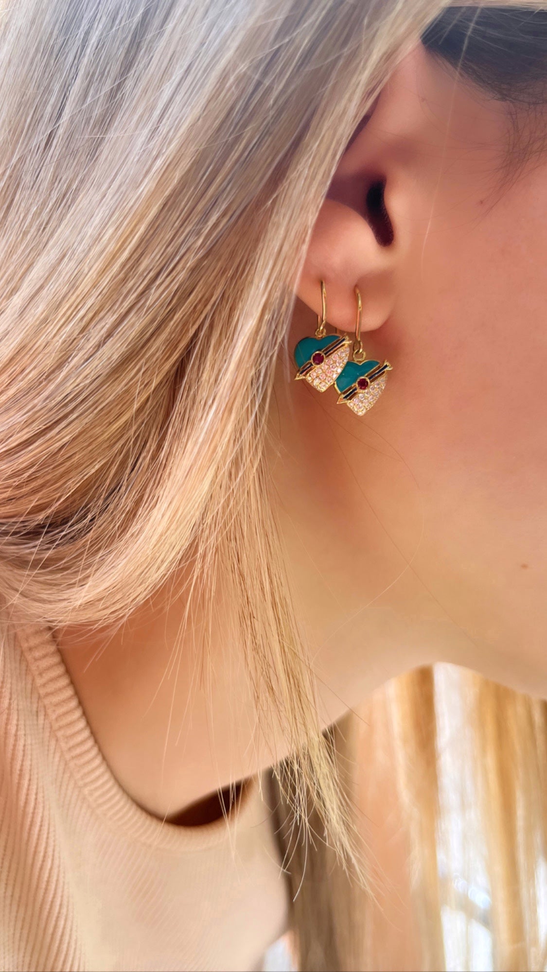 J by boghossian, white diamonds, gold, earrings, heart, turquoise enamel