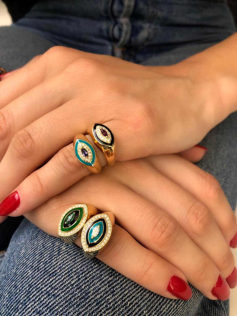 J by boghossian, white diamond, gold, ring, eye, evil eye, pinky, emerald, green enamel