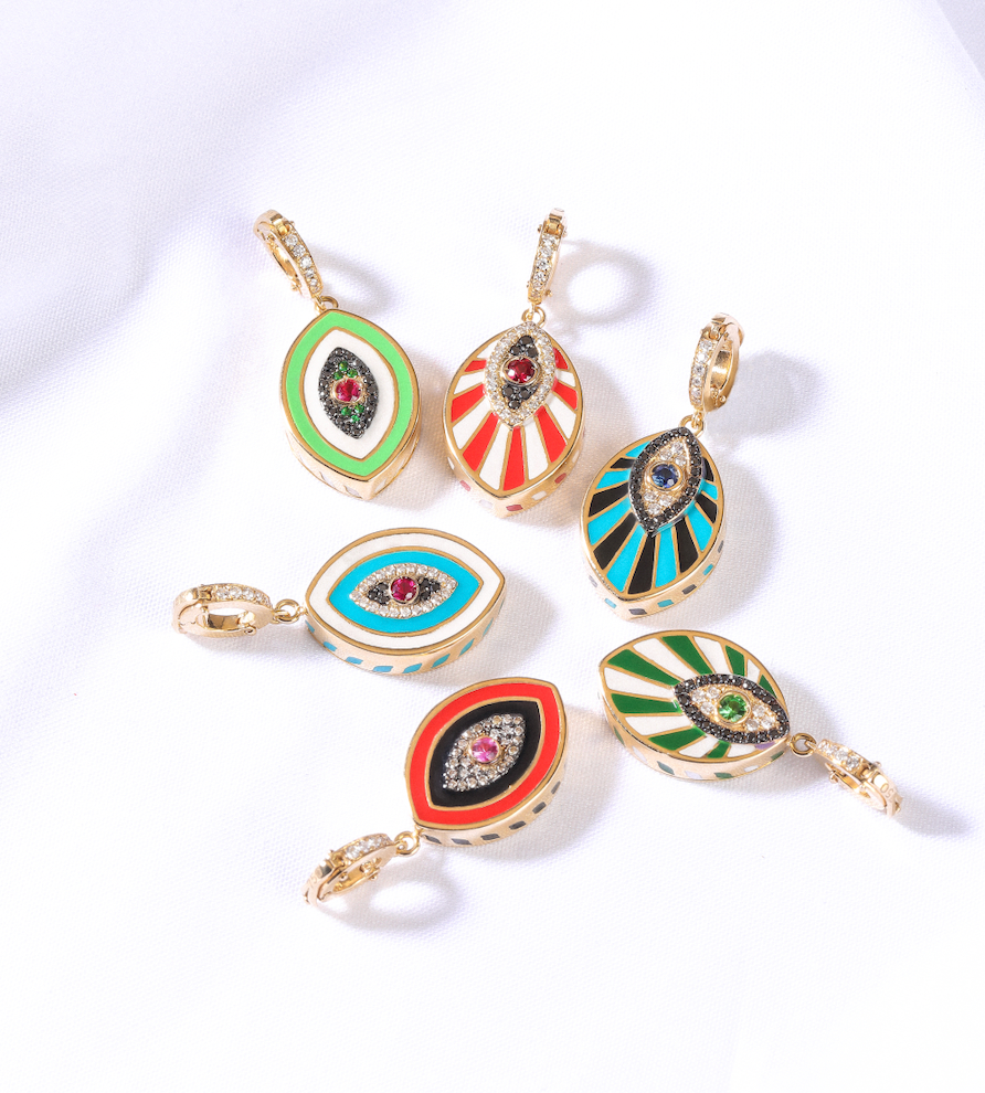 J by boghossian, white diamonds, gold, charm, eye, evil eye, ruby, white enamel, green enamel