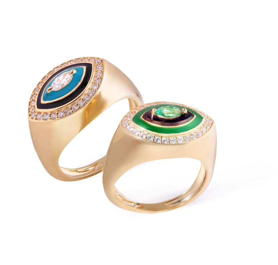 J by boghossian, white diamond, gold, ring, eye, evil eye, pinky, emerald, green enamel