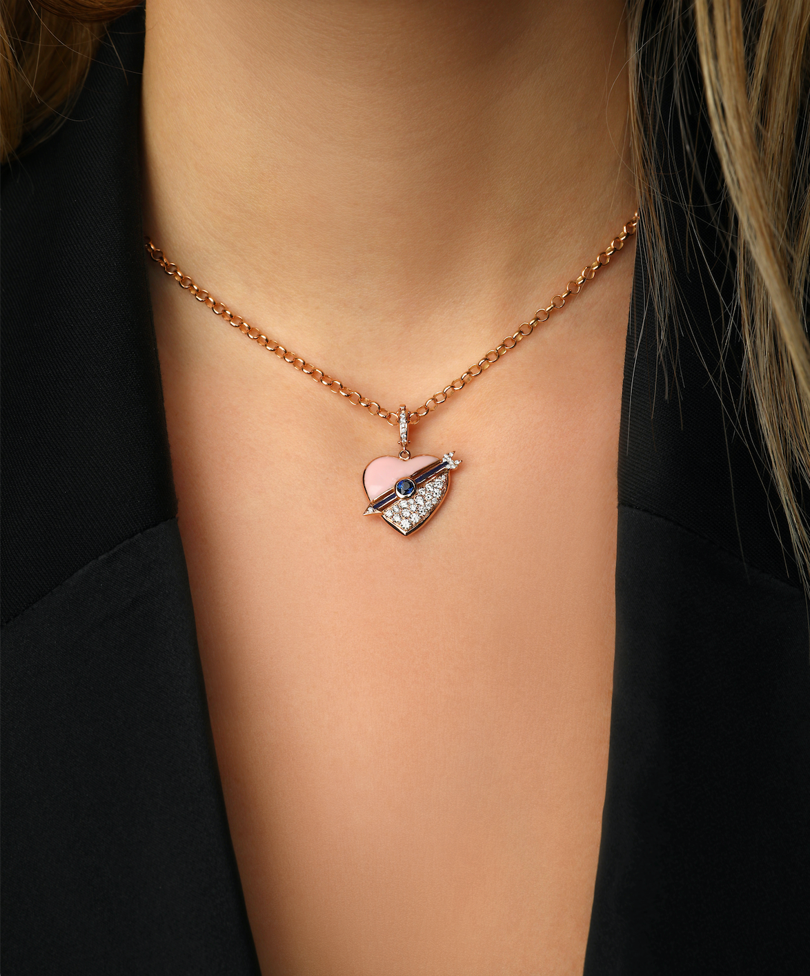 J by boghossian, gold, charm, heart, pink enamel, white diamond