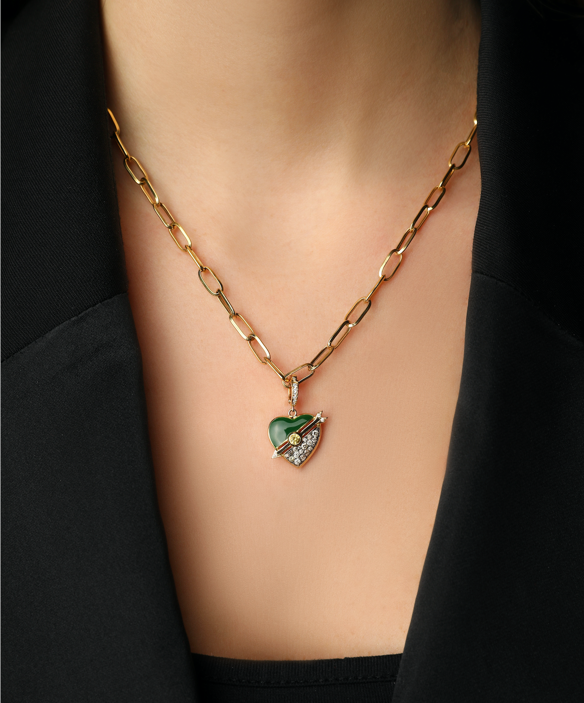 J by boghossian, white diamonds, gold, charm, pendant, heart, brown diamond, green enamel