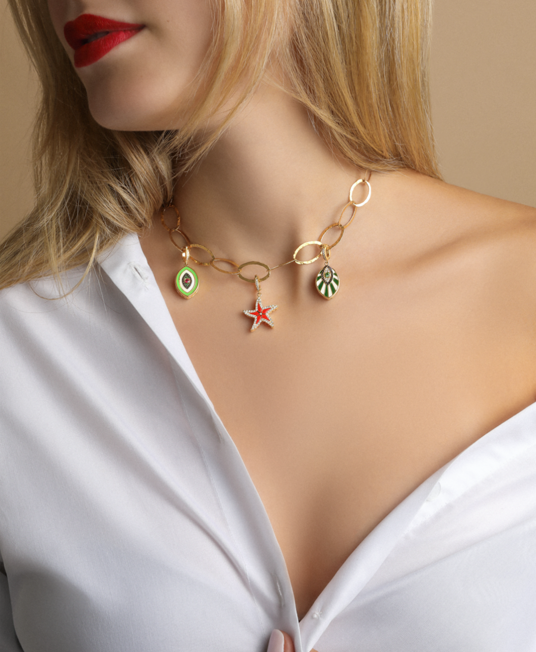 J by boghossian, white diamond, gold, charm, pendant, starfish, red enamel