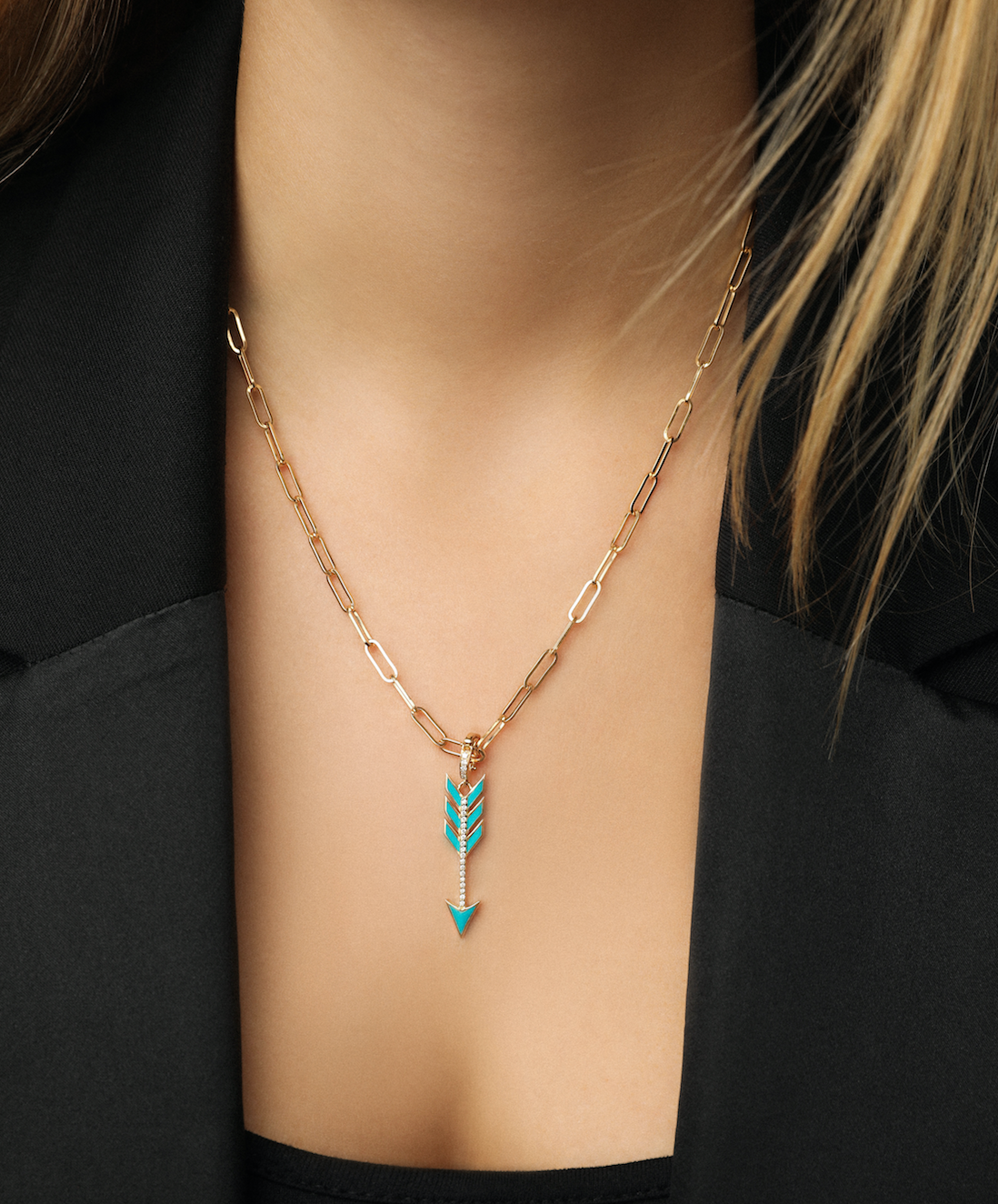 J by Boghossian, necklace, pendant, gold, arrow, Cupid's Arrow, charm, turquoise enamel