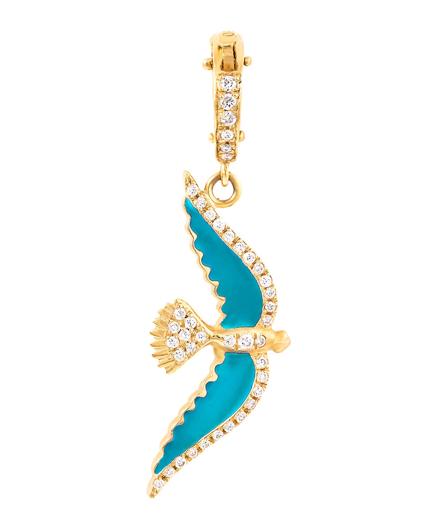 J by boghossian, white diamonds, gold, charm, pendant, bird, turquoise enamel
