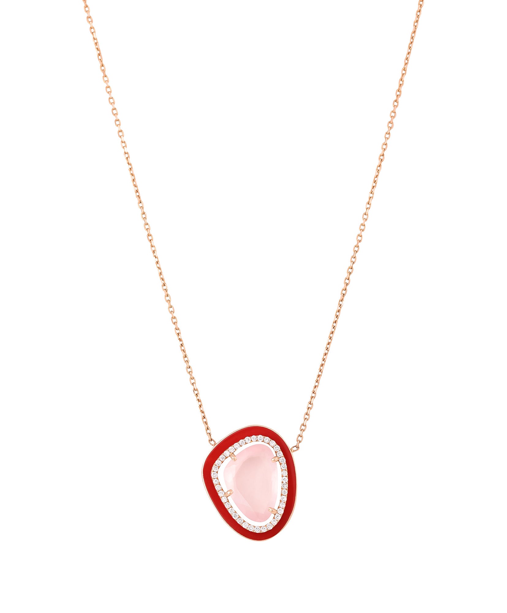  J by boghossian, white diamonds, gold, necklace, rose quartz, red enamel