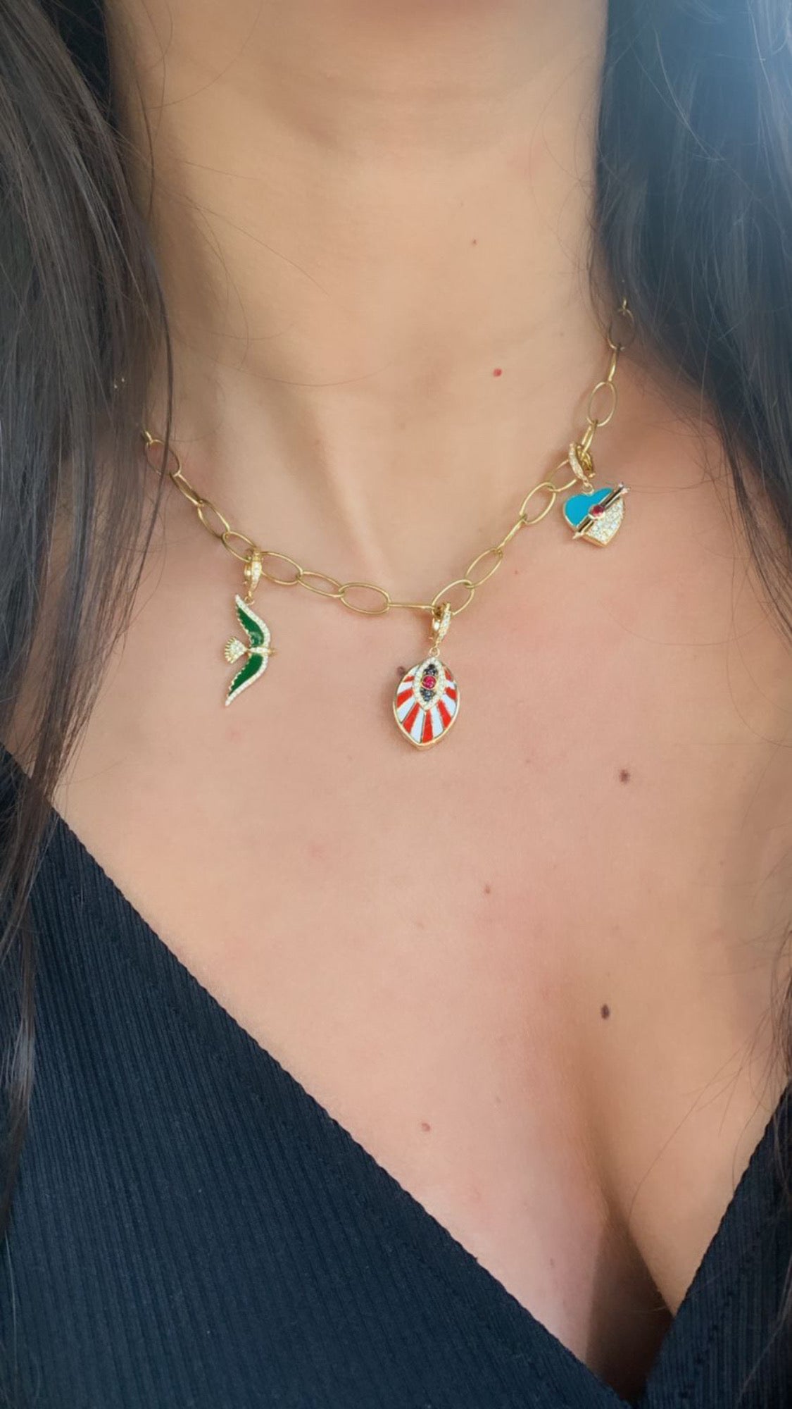  J by boghossian, white diamonds, gold, charm, pendant, bird, green enamel