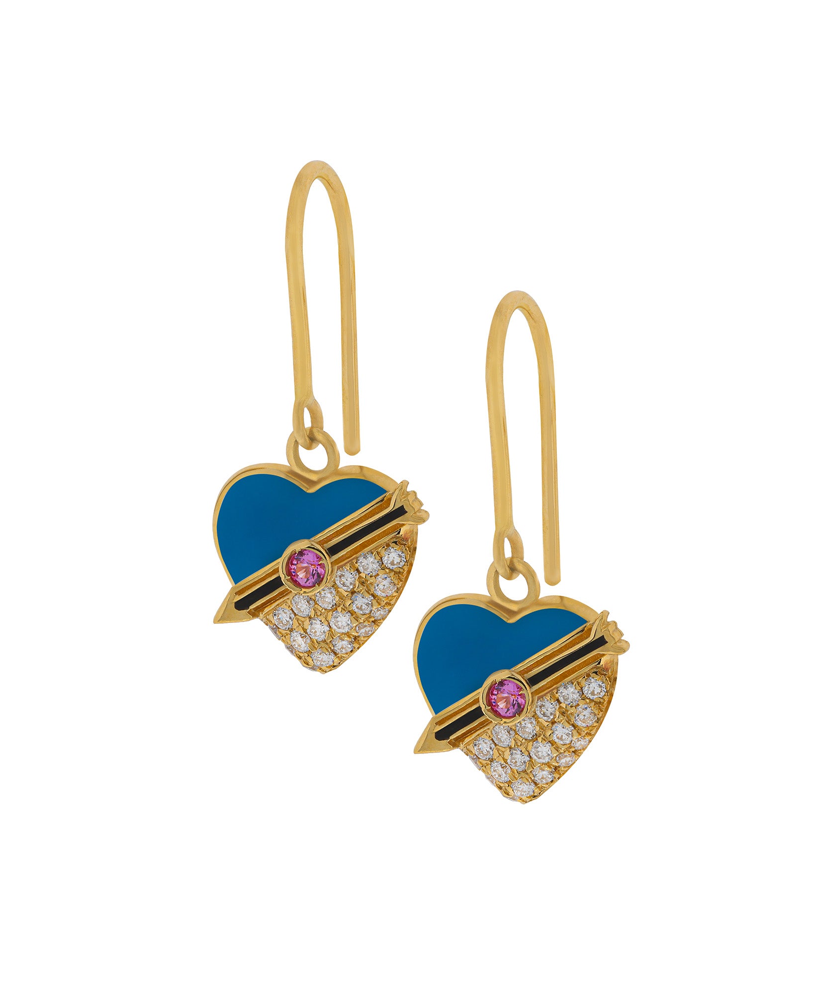  J by boghossian, white diamonds, gold, earrings, heart, turquoise enamel