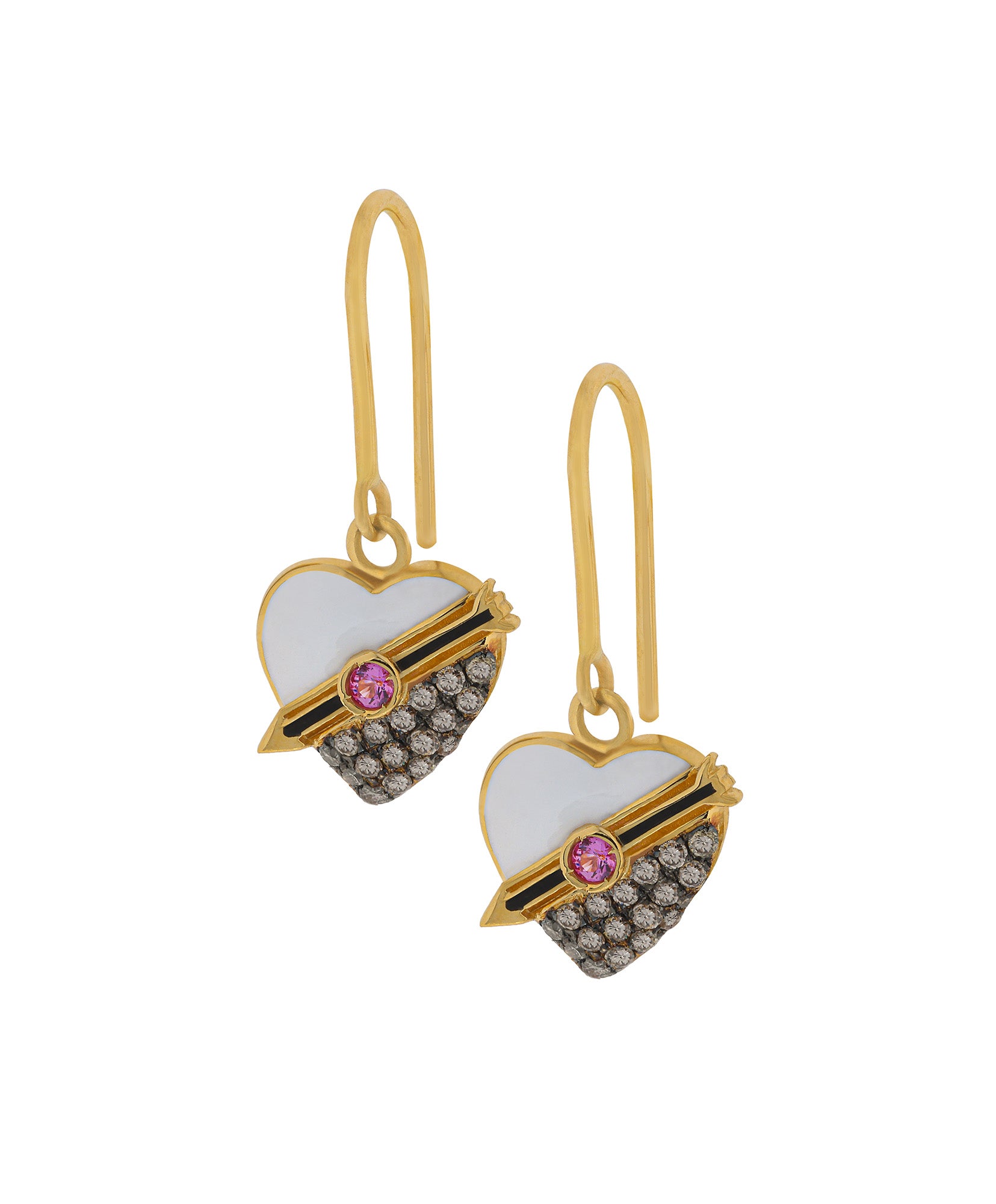 J by boghossian, white diamonds, gold, earrings, heart, brown diamond, white enamel