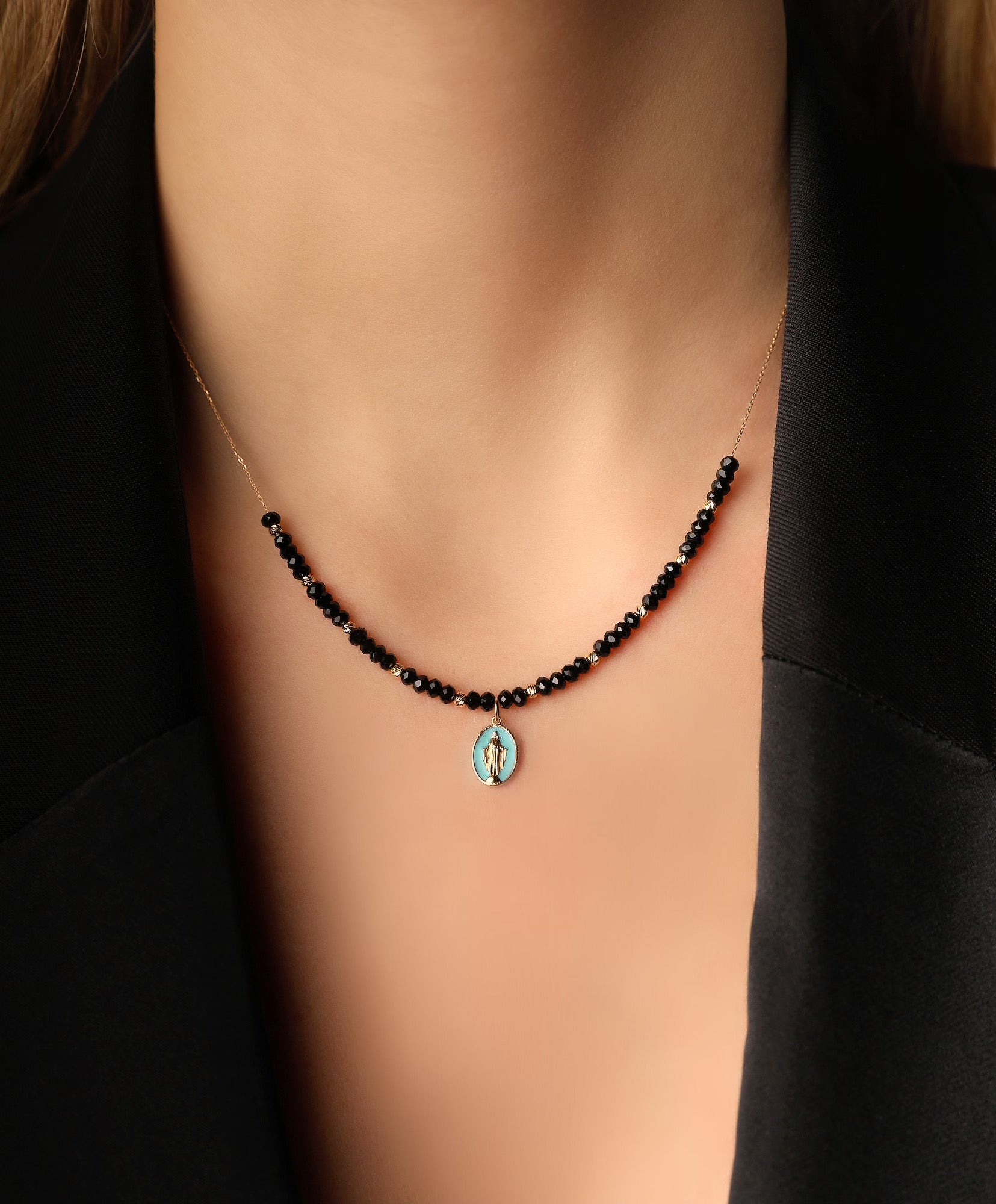 J by boghossian, gold, necklace, virgin mary, baby blue enamel