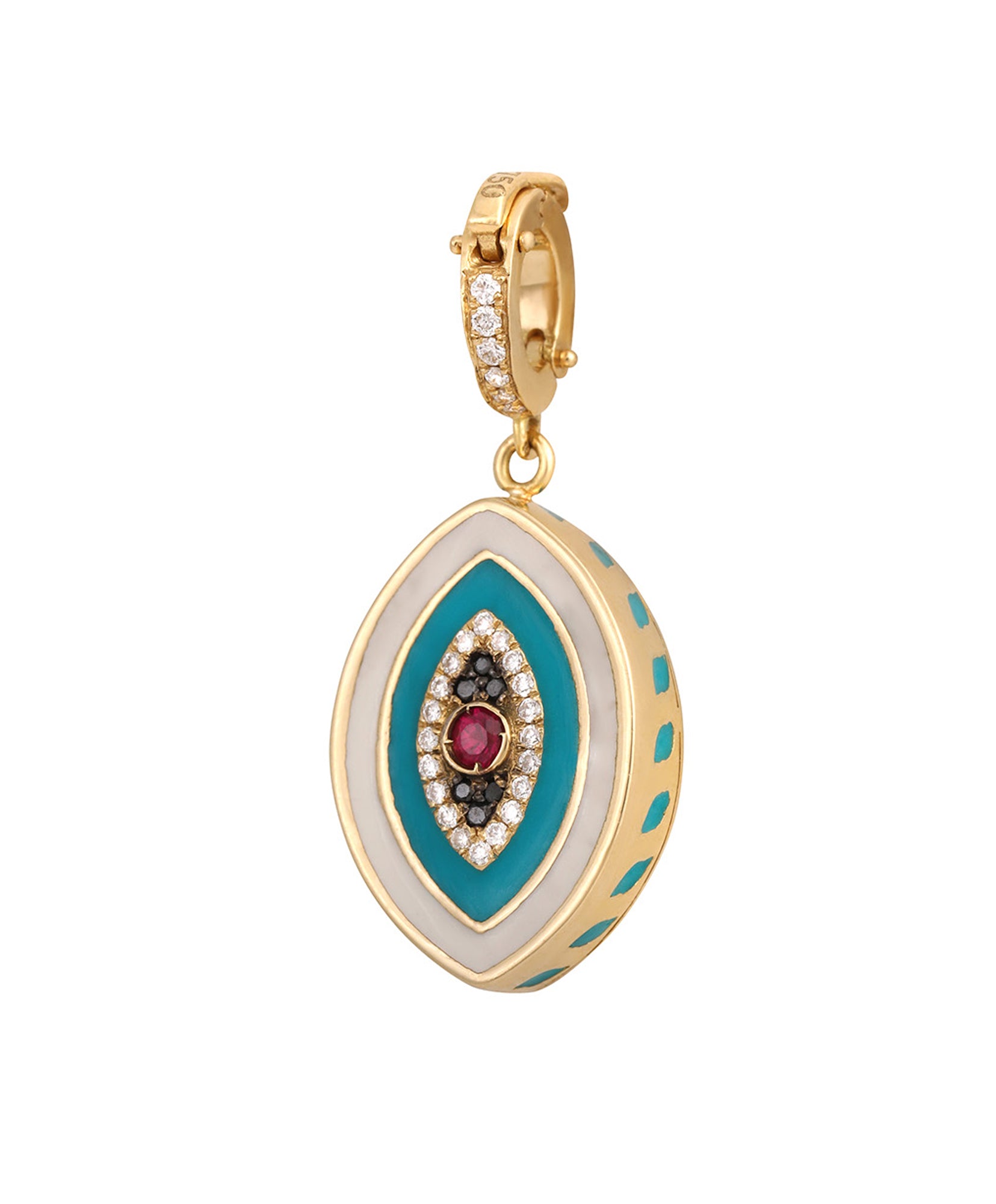 J by boghossian, white diamonds, gold, charm, eye, evil eye, ruby, white enamel, blue enamel