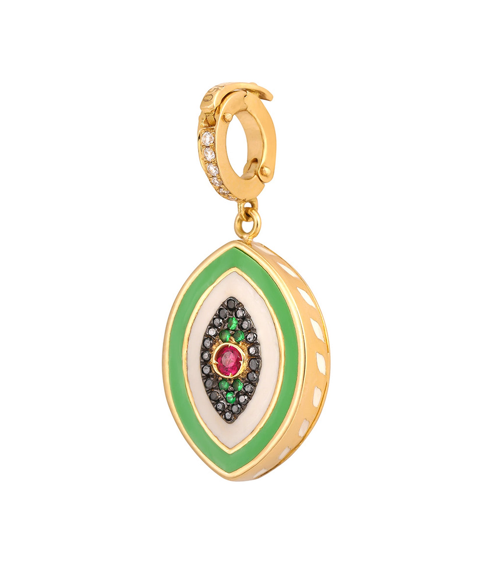  J by boghossian, white diamonds, gold, charm, eye, evil eye, ruby, white enamel, green enamel