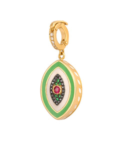  J by boghossian, white diamonds, gold, charm, eye, evil eye, ruby, white enamel, green enamel