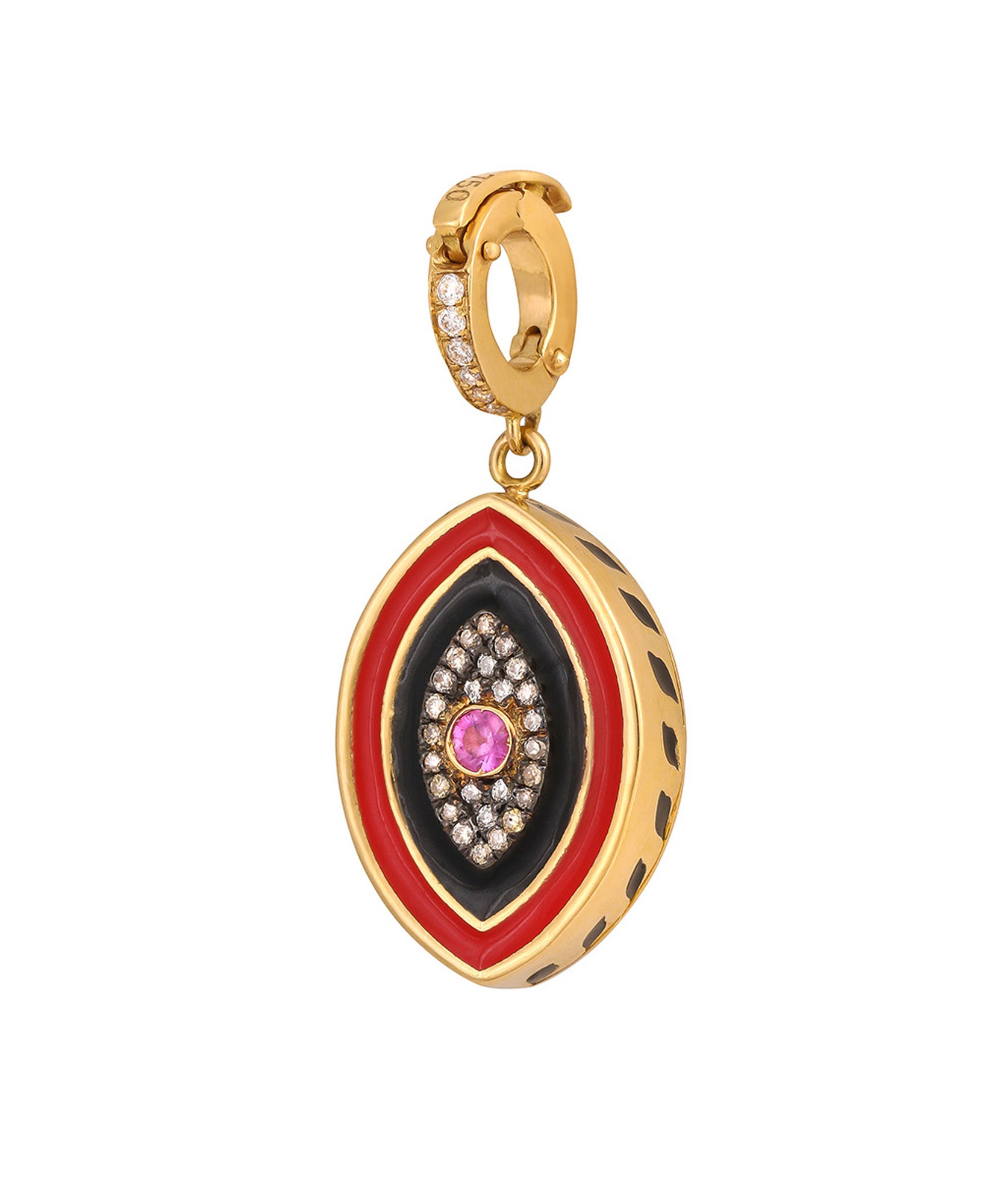 J by boghossian, white diamonds, gold, charm, eye, evil eye, red enamel, black enamel