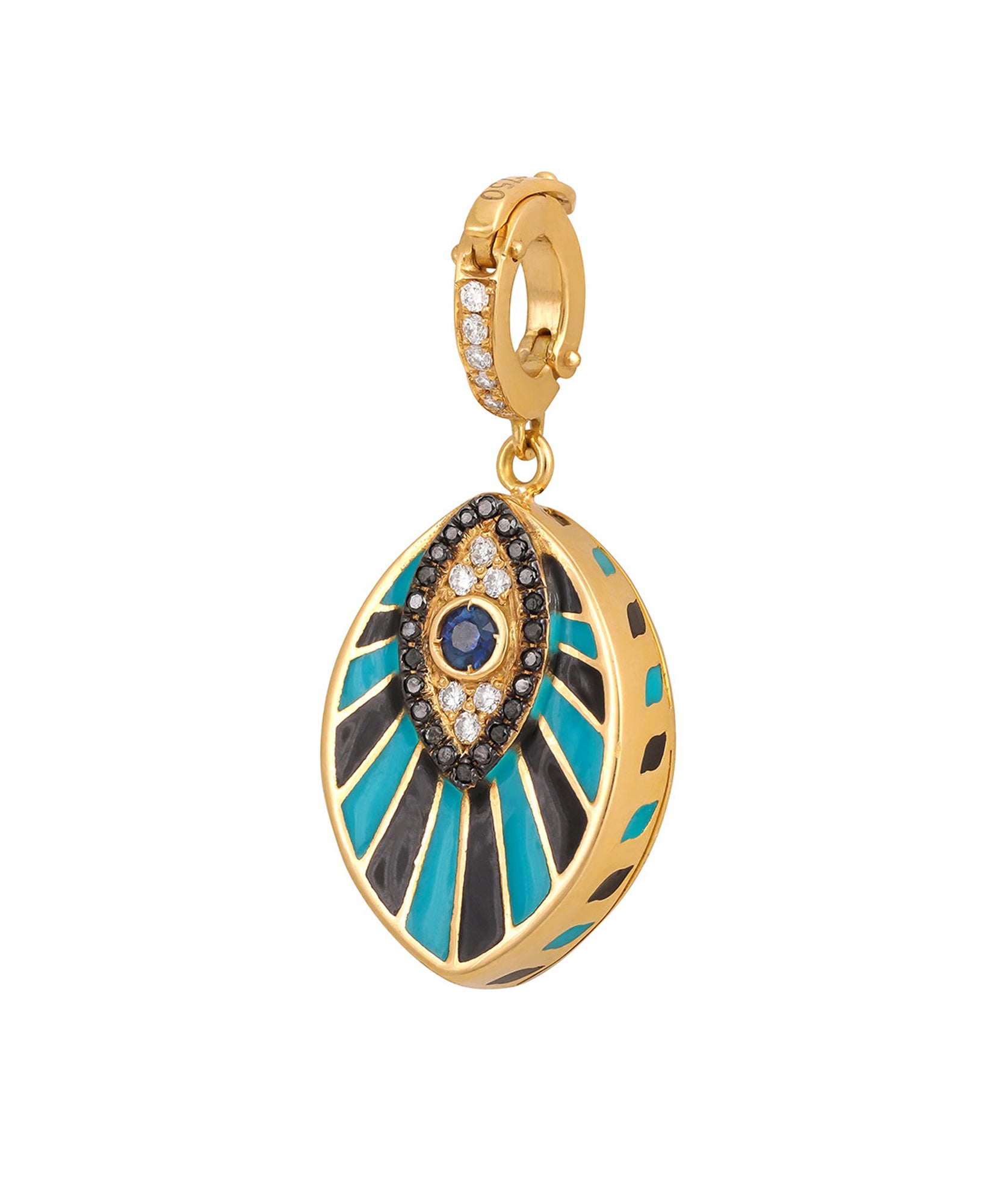 J by boghossian, white diamonds, gold, charm, fan, eye, evil eye, sapphires, black diamond, turquoise enamel, black enamel