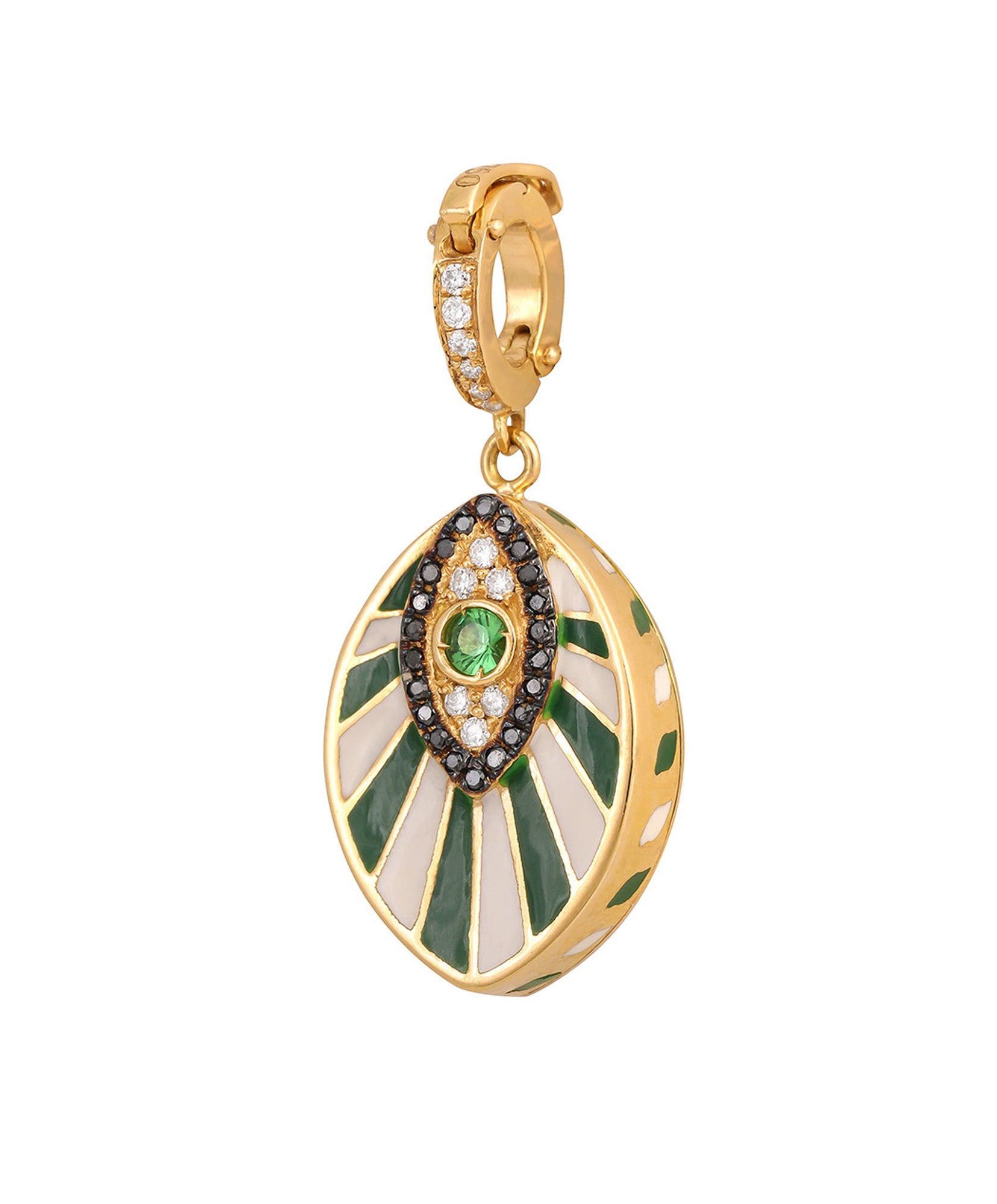 J by boghossian, white diamonds, gold, charm, fan, eye, evil eye, tsavorite, green, white enamel