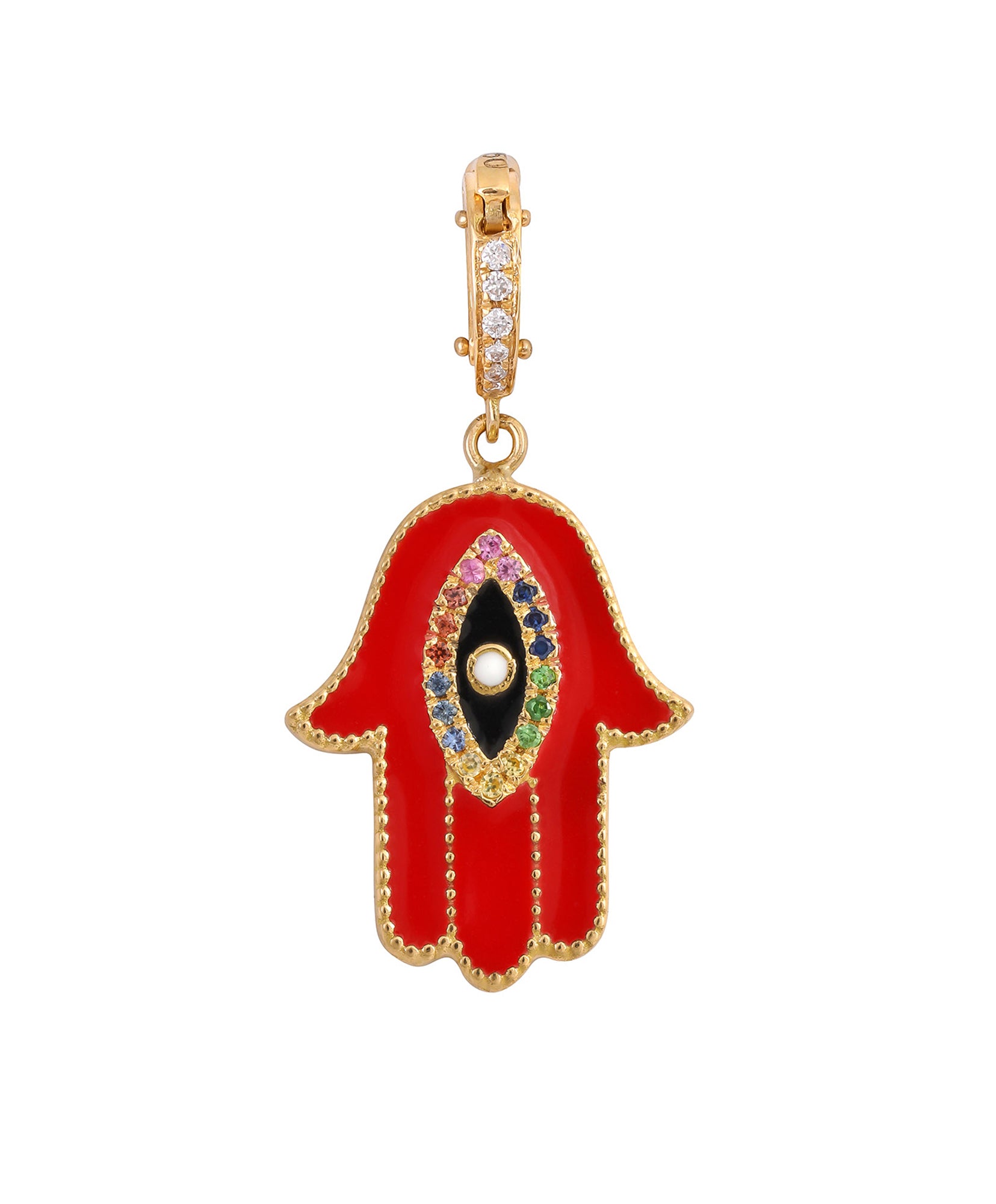 J by boghossian, white diamond, gold, charm, pendant, hand, amulet, sapphire, red enamel