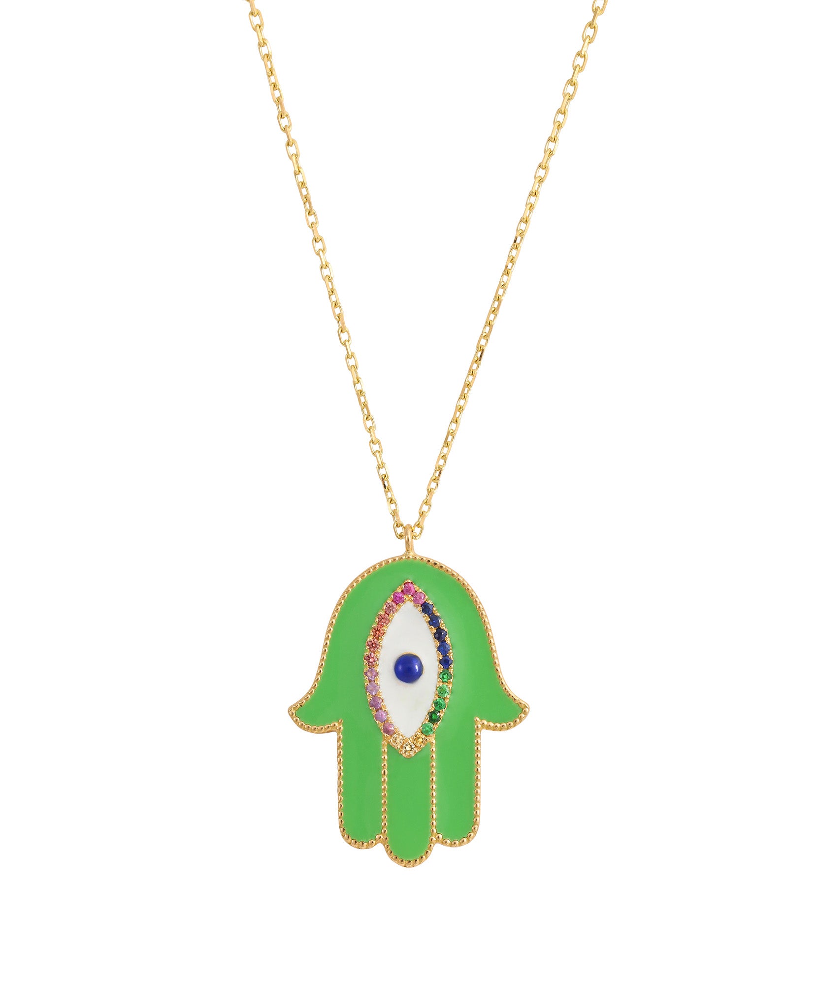 J by boghossian, white diamond, gold, charm, necklace, hand, amulet, sapphire, green enamel