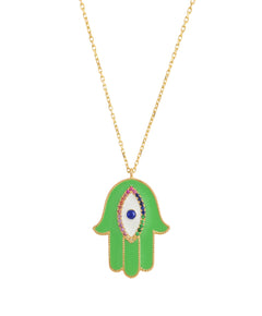 J by boghossian, white diamond, gold, charm, necklace, hand, amulet, sapphire, green enamel