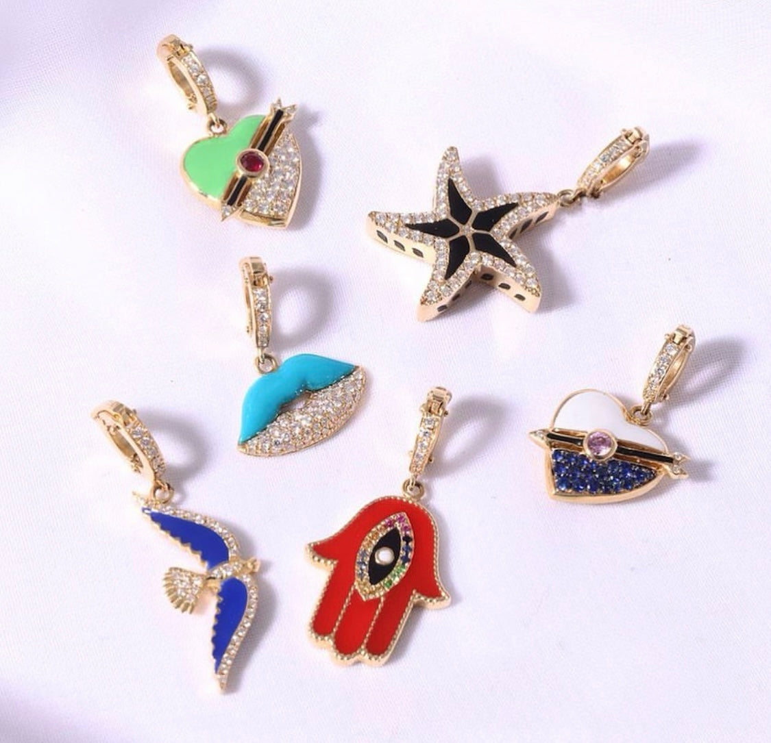 J by boghossian, white diamond, gold, charm, pendant, hand, amulet, sapphire, red enamel