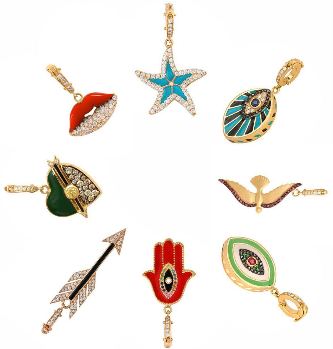 J by boghossian, white diamonds, gold, charm, lips, pendant, red