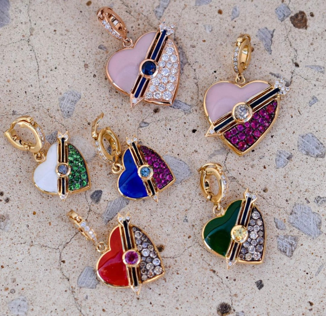  J by boghossian, white diamonds, gold, charm, pendant, heart, brown diamond, green enamel