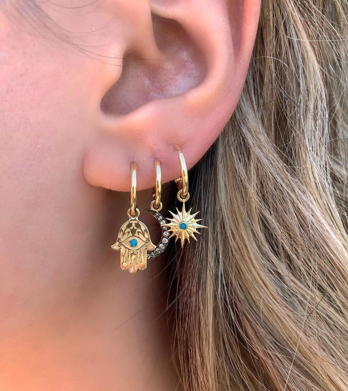 J by boghossian, gold, earrings, star, hoops, turquoise