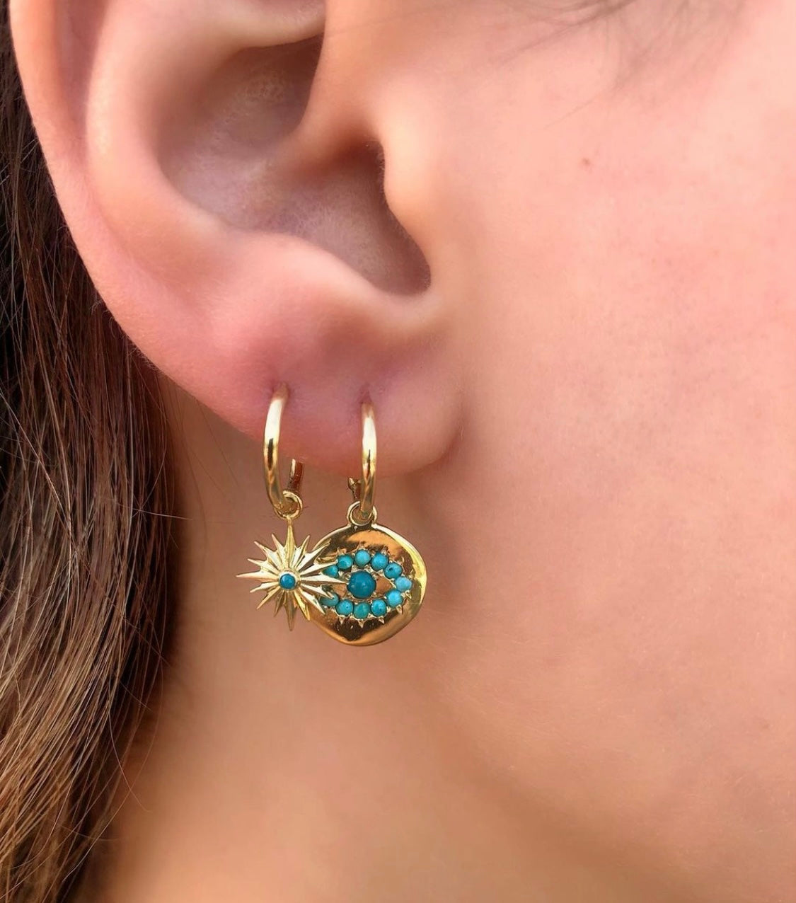 J by boghossian, gold, earring, hoop, eye, turquoise