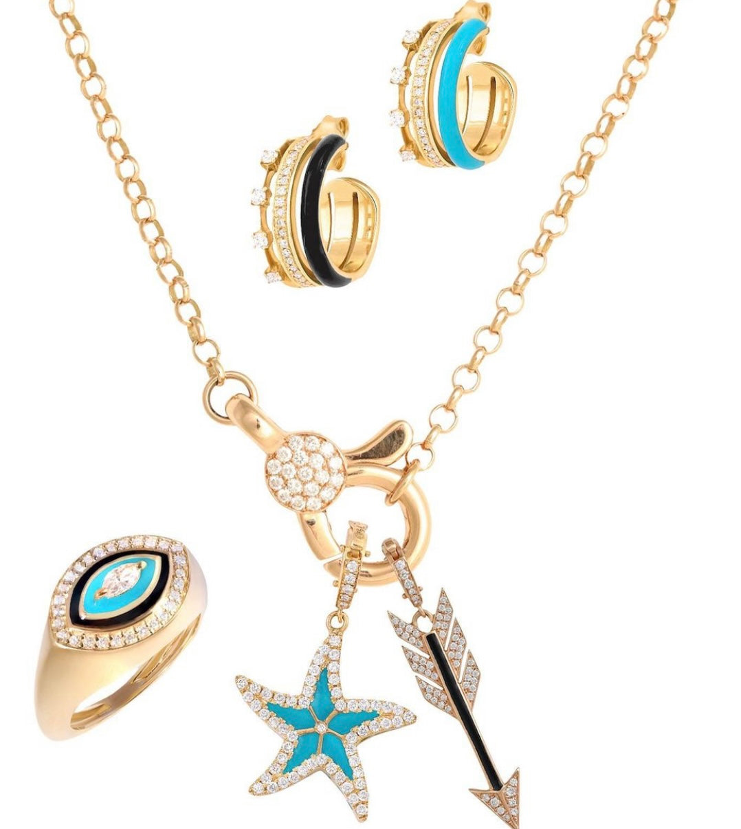 J by boghossian, gold, earring, hoop, triple hoop, white diamond, turquoise enamel