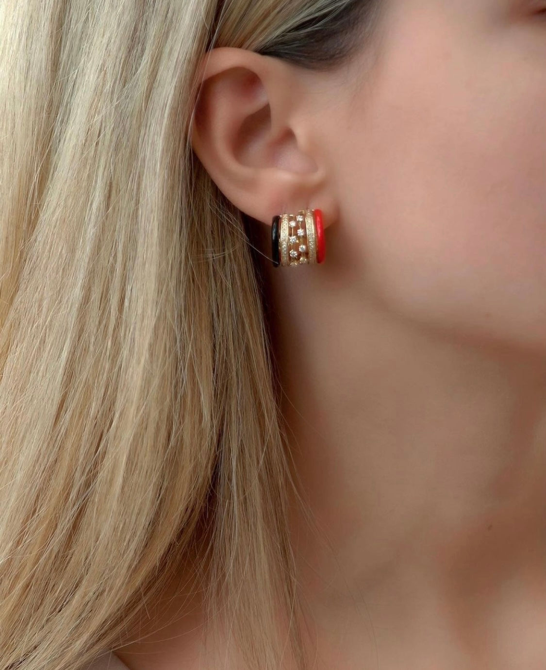 J by boghossian, gold, earring, hoop, triple hoop, white diamond, black enamel