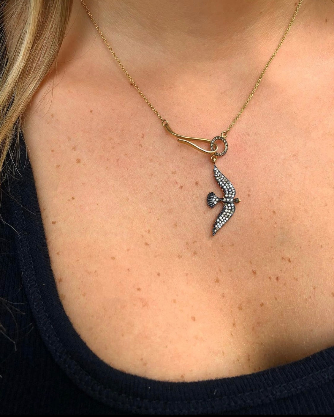 J by boghossian, white diamond, gold, necklace, bird, dove, black rhodium