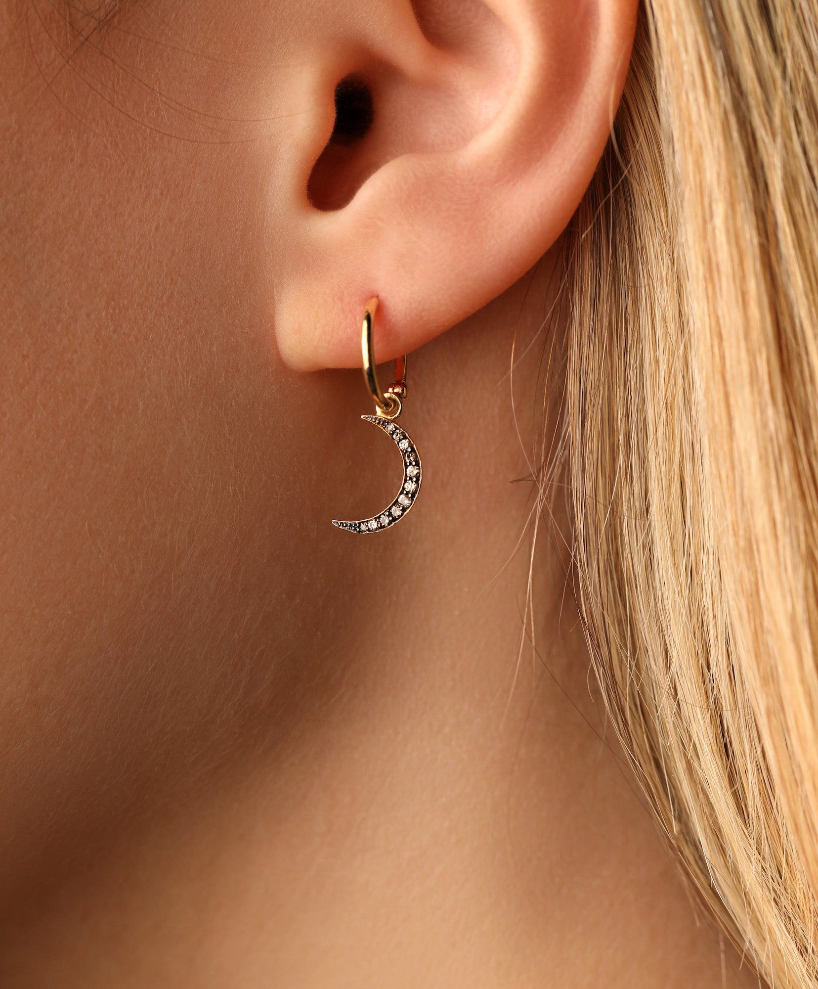 J by boghossian, white diamonds, gold, earrings, hoop, luna, moon, brown diamonds