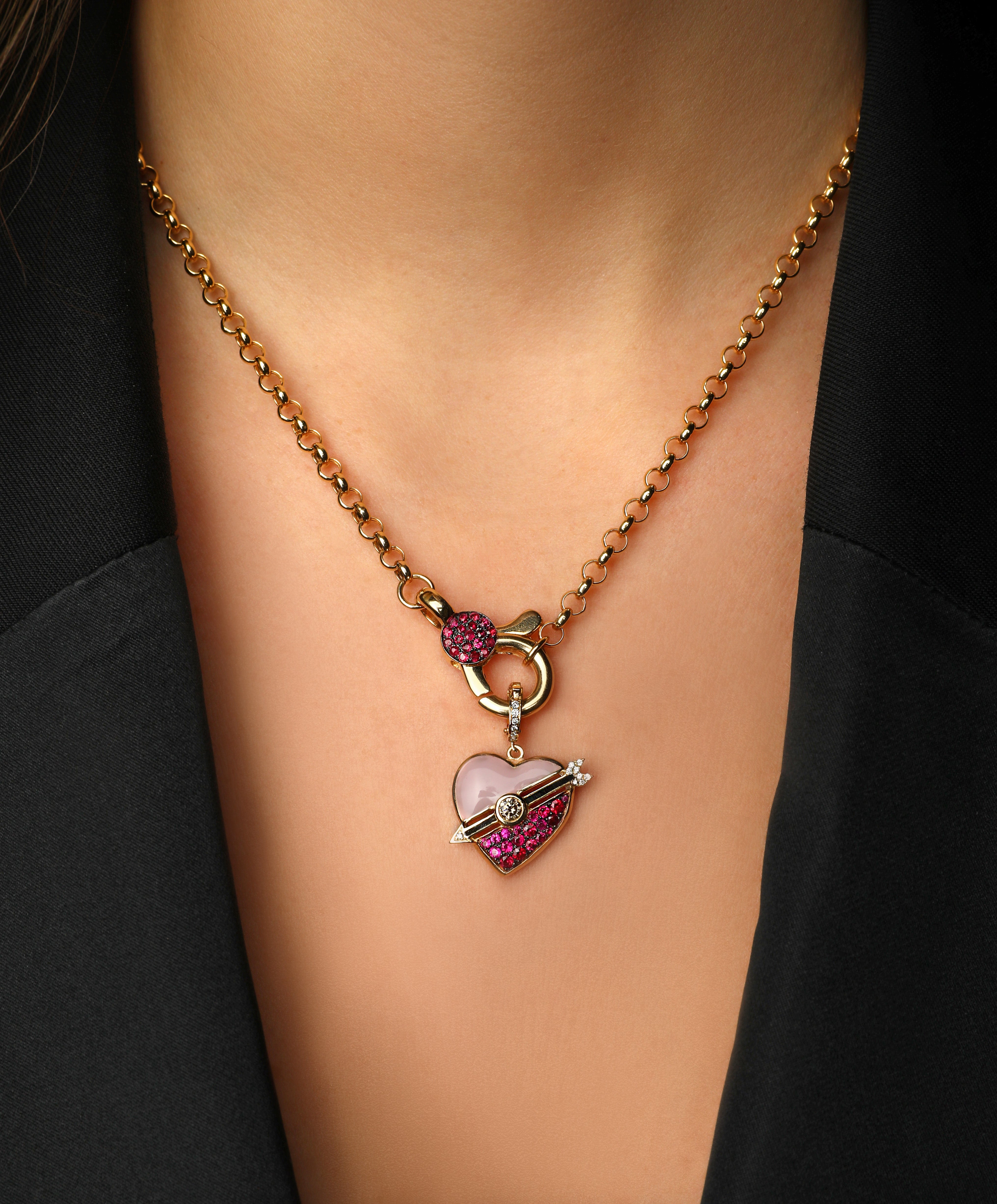 J by boghossian, gold, charm, heart, pink enamel, ruby, brown diamond