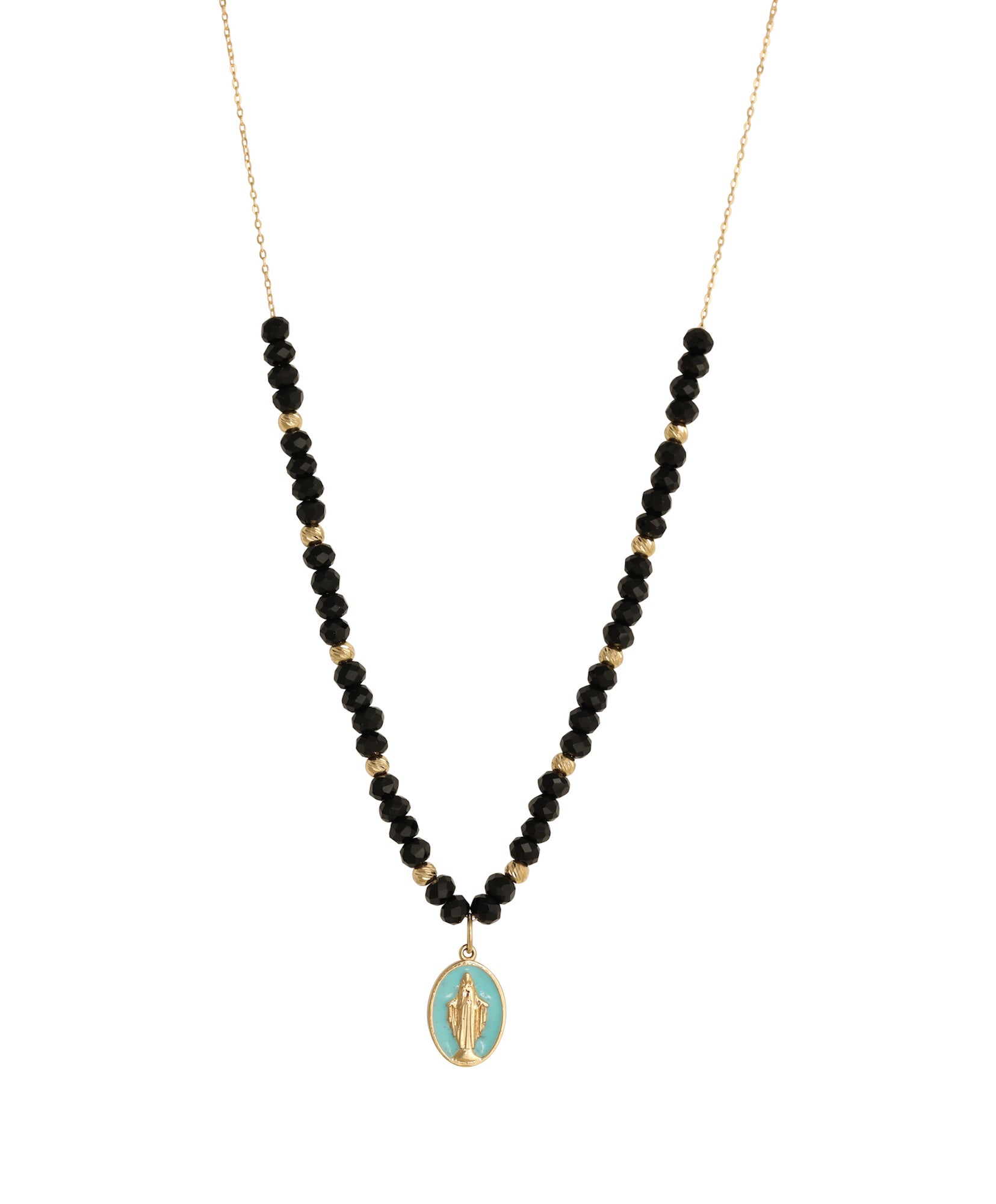 J by boghossian, gold, necklace, virgin mary, baby blue enamel