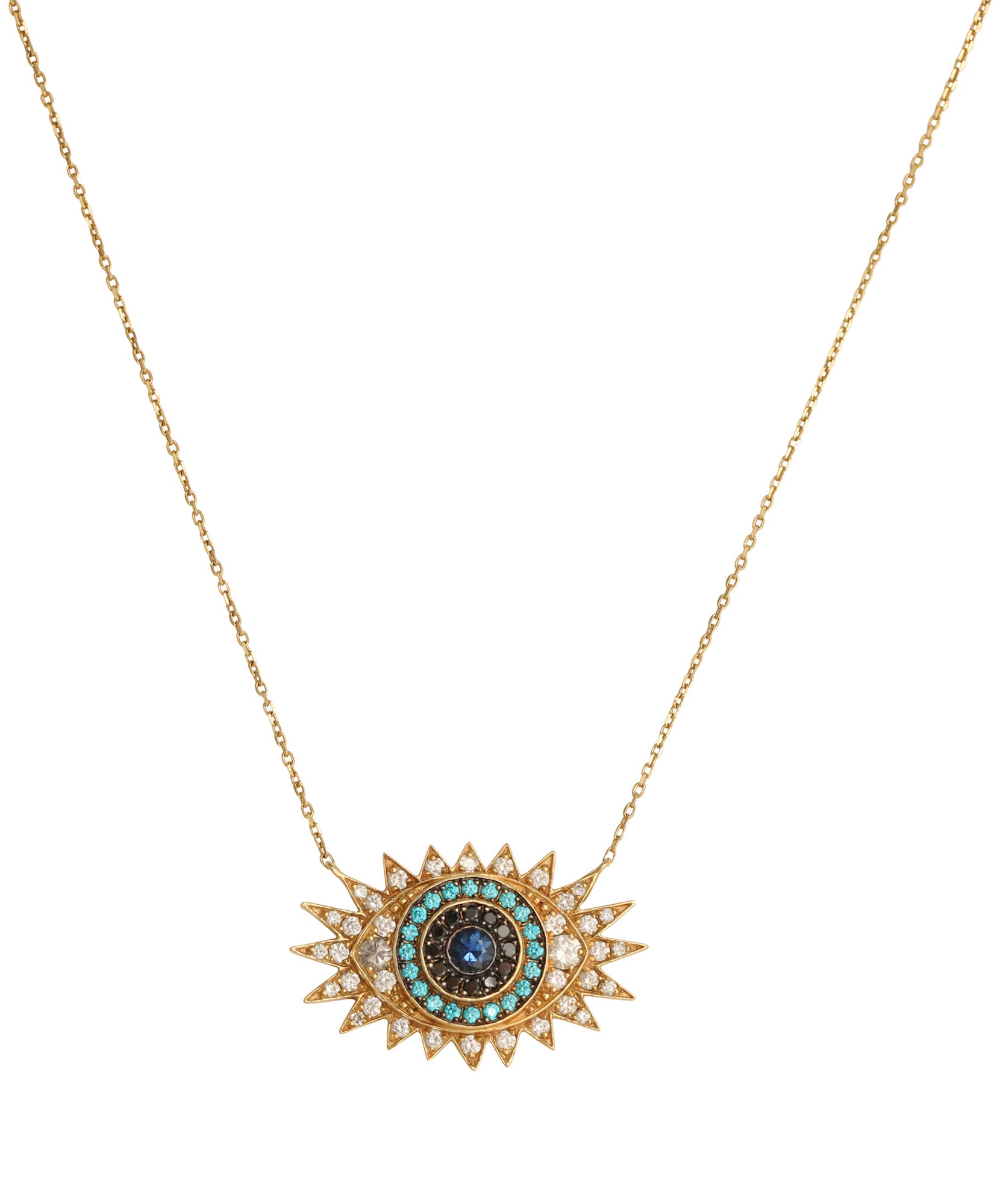 J by Boghossian, necklace, white diamond, black diamonds, gold, sapphire, evil eye, blue zirconia