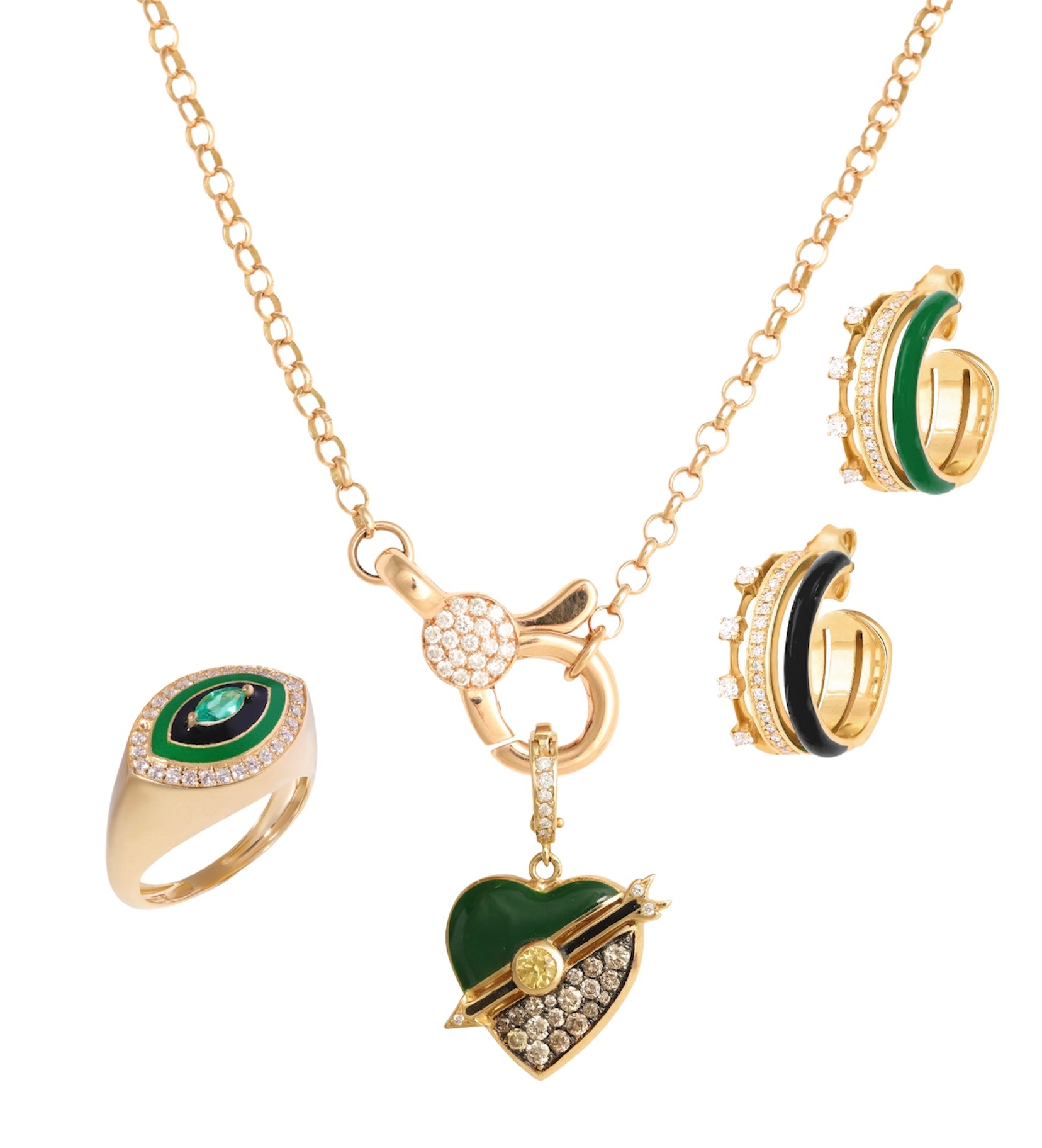 J by boghossian, gold, earring, hoop, triple hoop, white diamond, green enamel