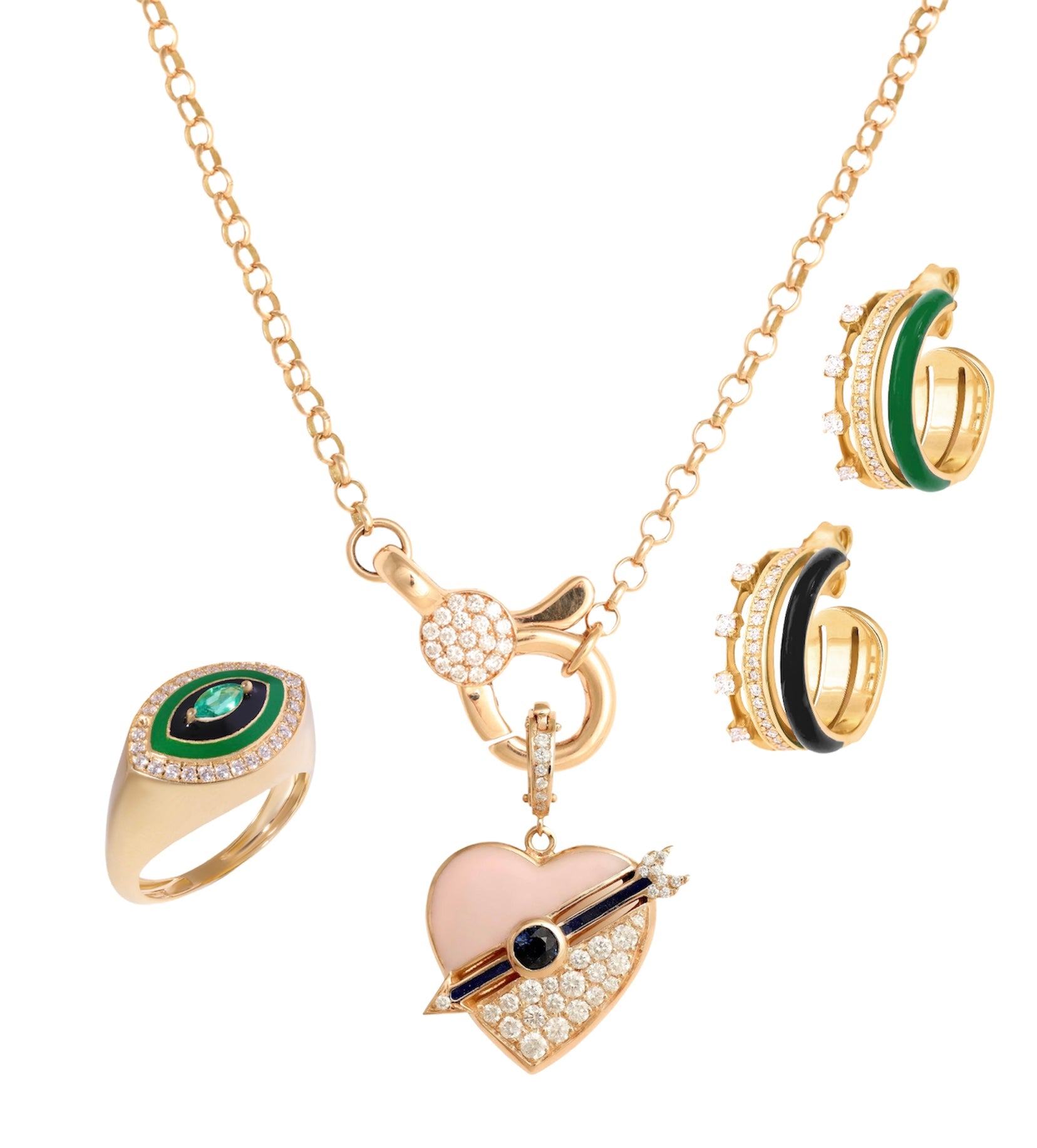 J by boghossian, gold, charm, heart, pink enamel, white diamond