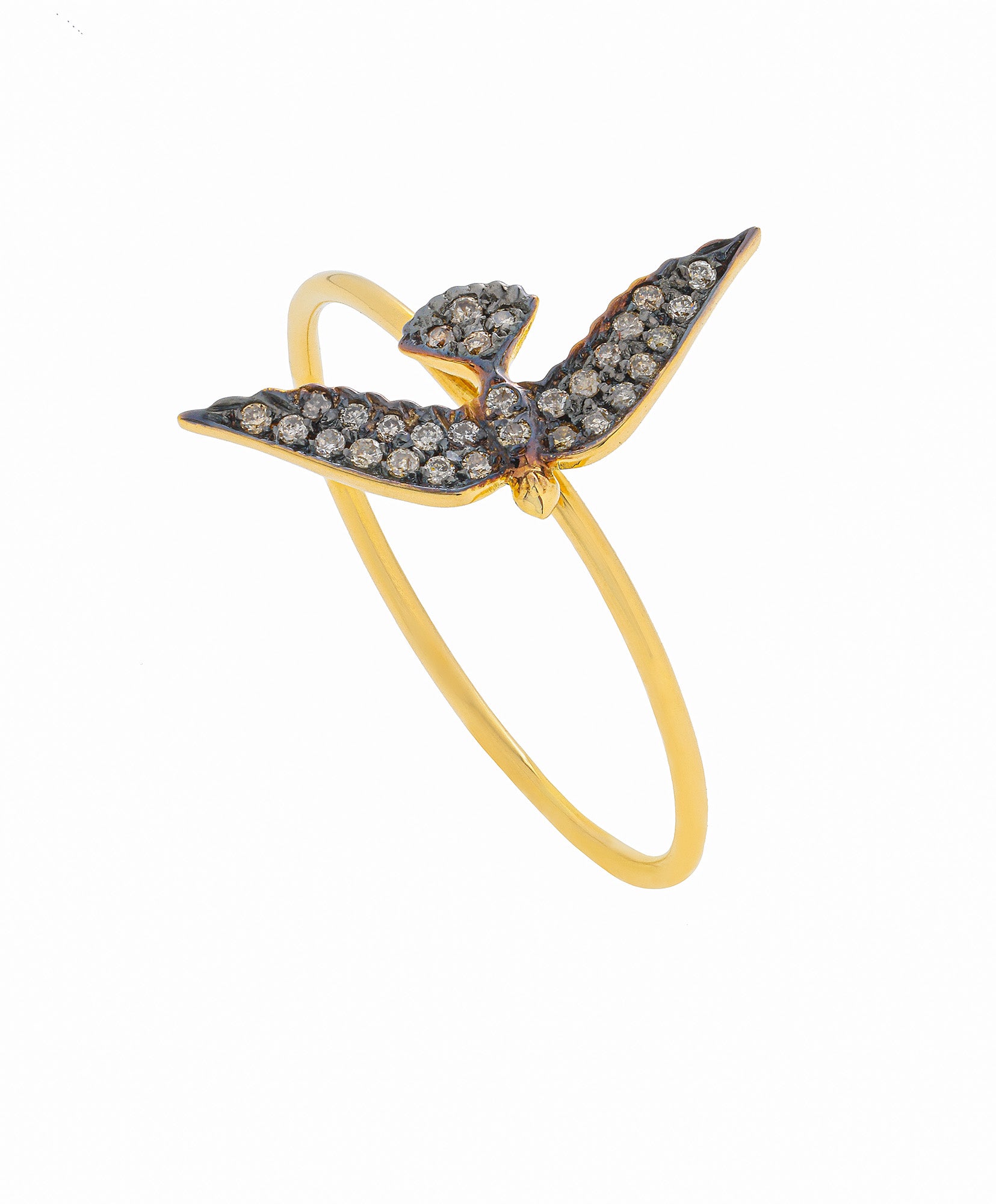 J by boghossian, white diamonds, gold, ring, bird, brown diamond
