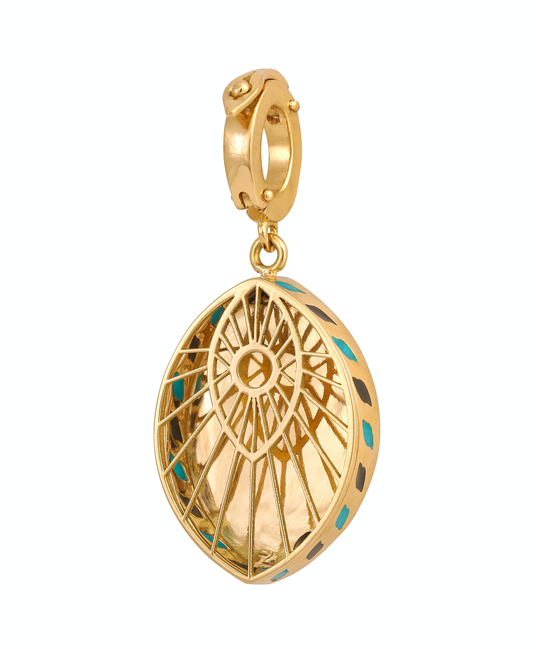 J by boghossian, white diamonds, gold, charm, fan, eye, evil eye, sapphires, black diamond, turquoise enamel, black enamel