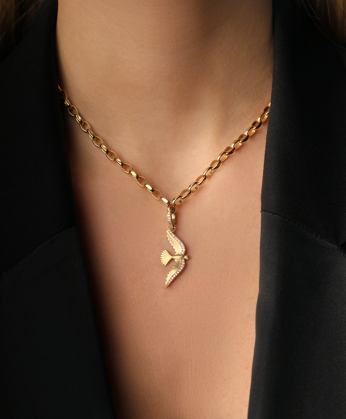 J by boghossian, white diamonds, gold, charm, bird, pendant