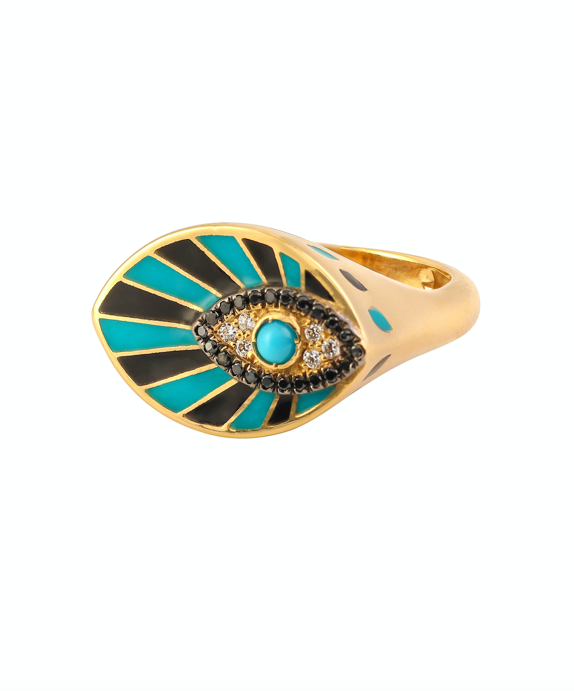  J by boghossian, white diamonds, gold, ring, fan, eye, black diamond, turquoise enamel, black enamel