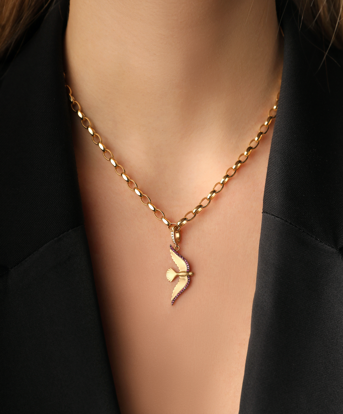 J by boghossian, white diamonds, gold, charm, bird, pendant, ruby
