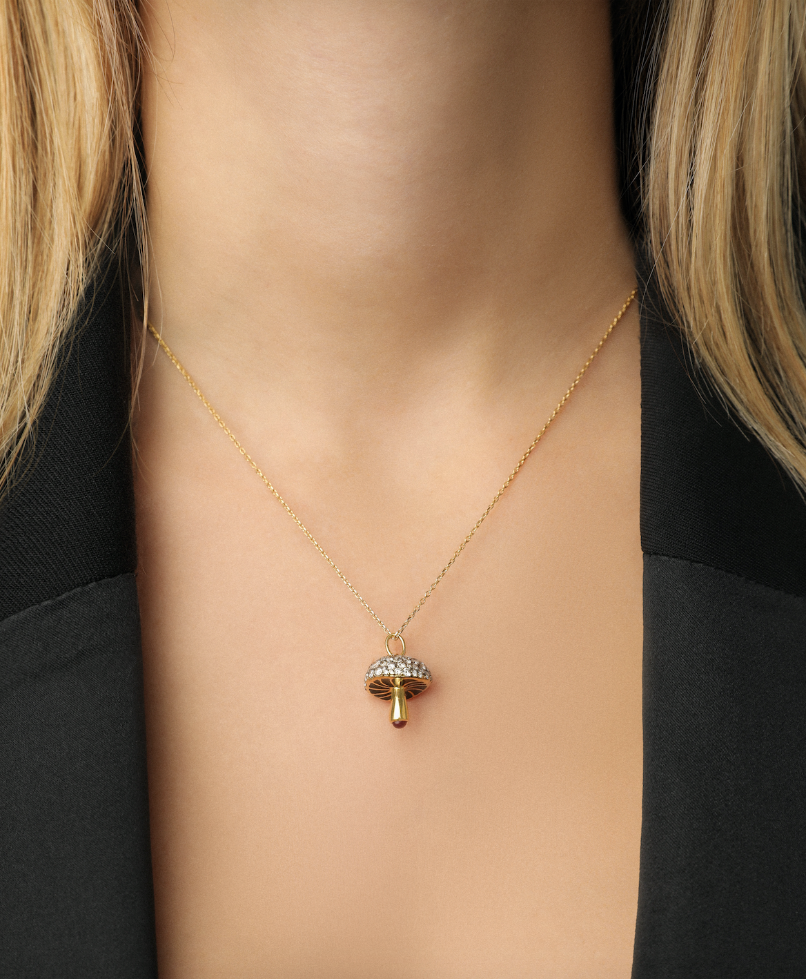  J by boghossian, white diamonds, gold, necklace, fungi, black enamel, brown diamond