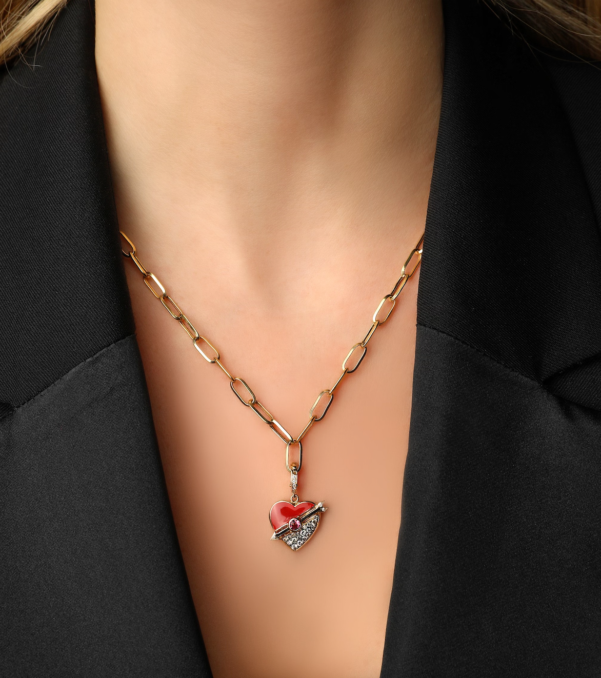  J by boghossian, white diamonds, gold, charm, pendant, heart, brown diamond, red enamel
