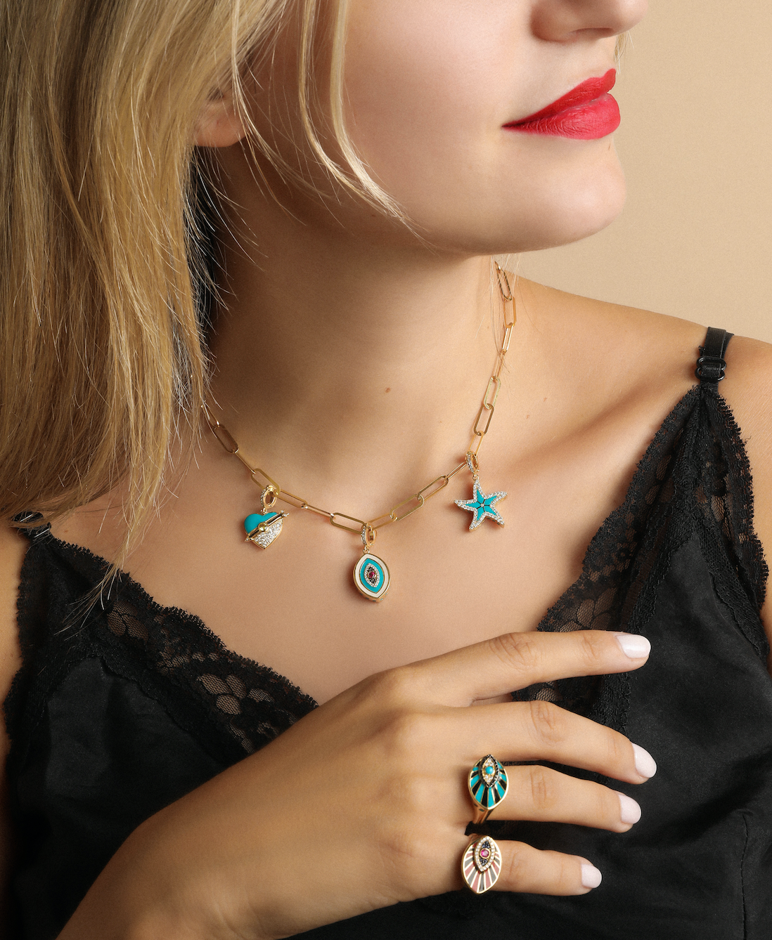 J by boghossian, white diamonds, gold, charm, eye, evil eye, ruby, white enamel, blue enamel