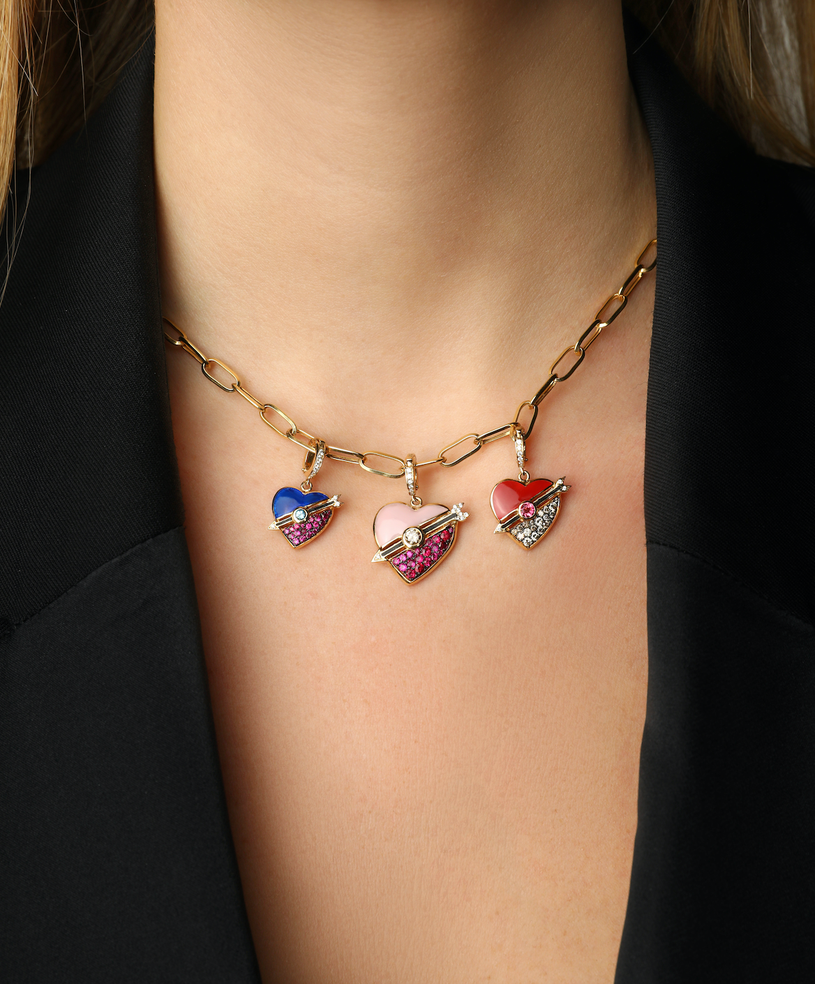  J by boghossian, white diamonds, gold, charm, pendant, heart, brown diamond, red enamel