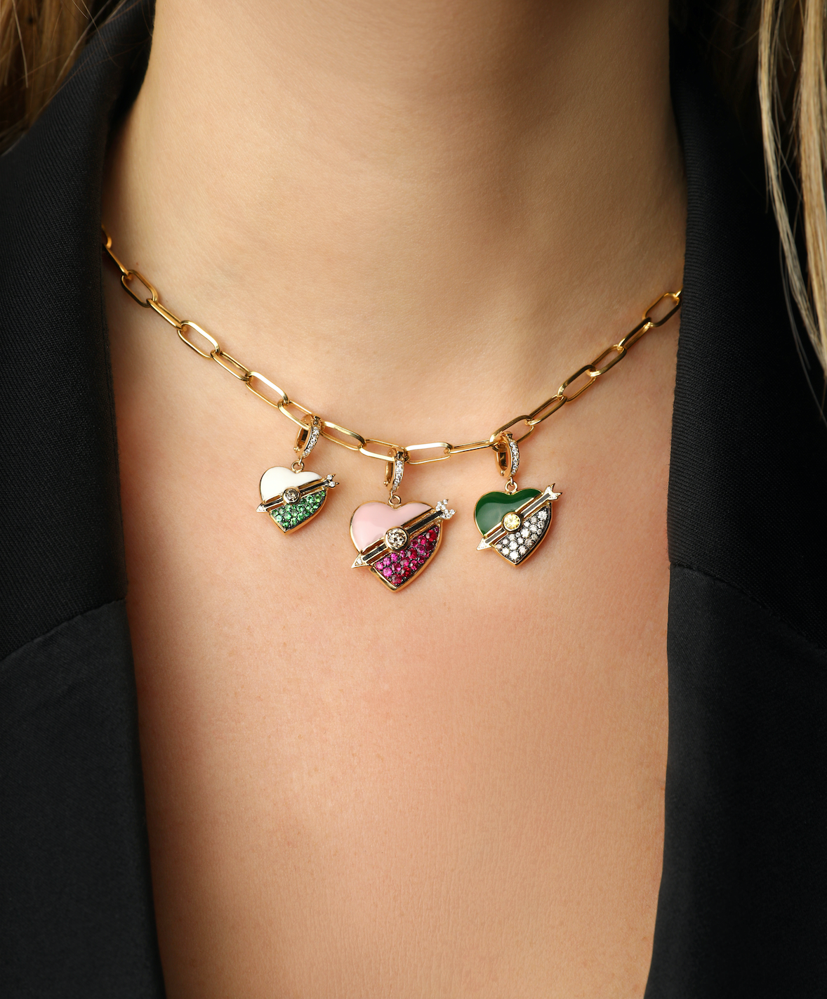  J by boghossian, white diamonds, gold, charm, pendant, heart, brown diamond, green enamel