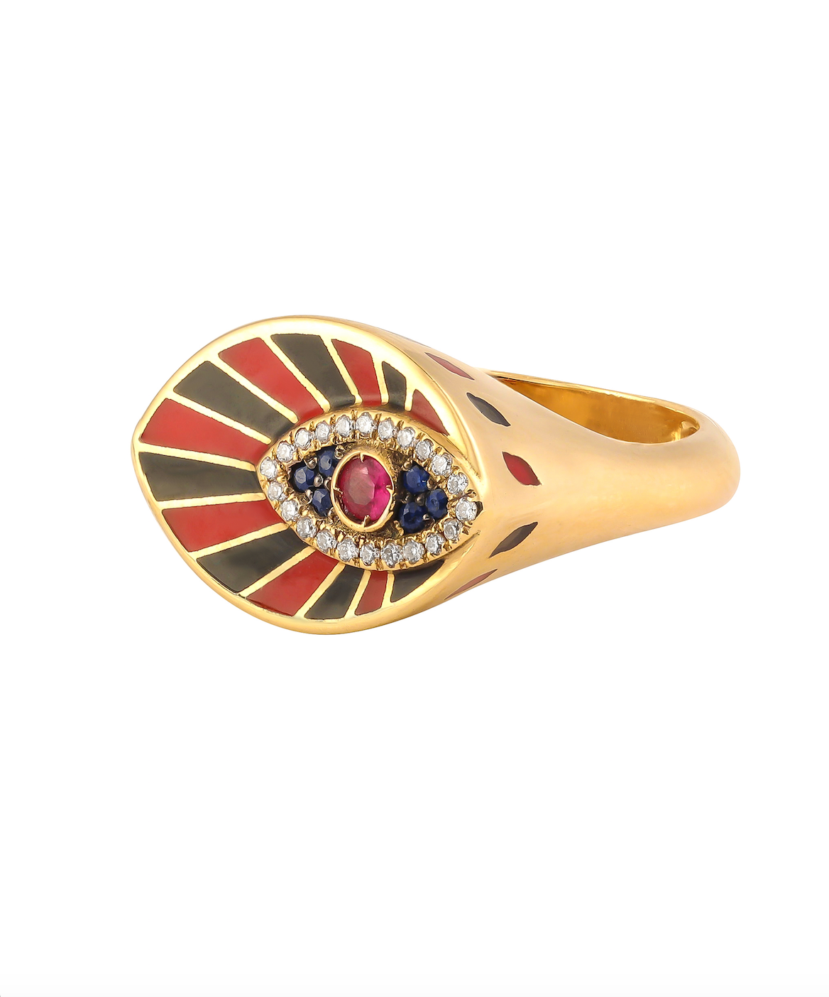  J by boghossian, white diamonds, gold, ring, fan, eye, ruby, black diamond, red enamel, black enamel
