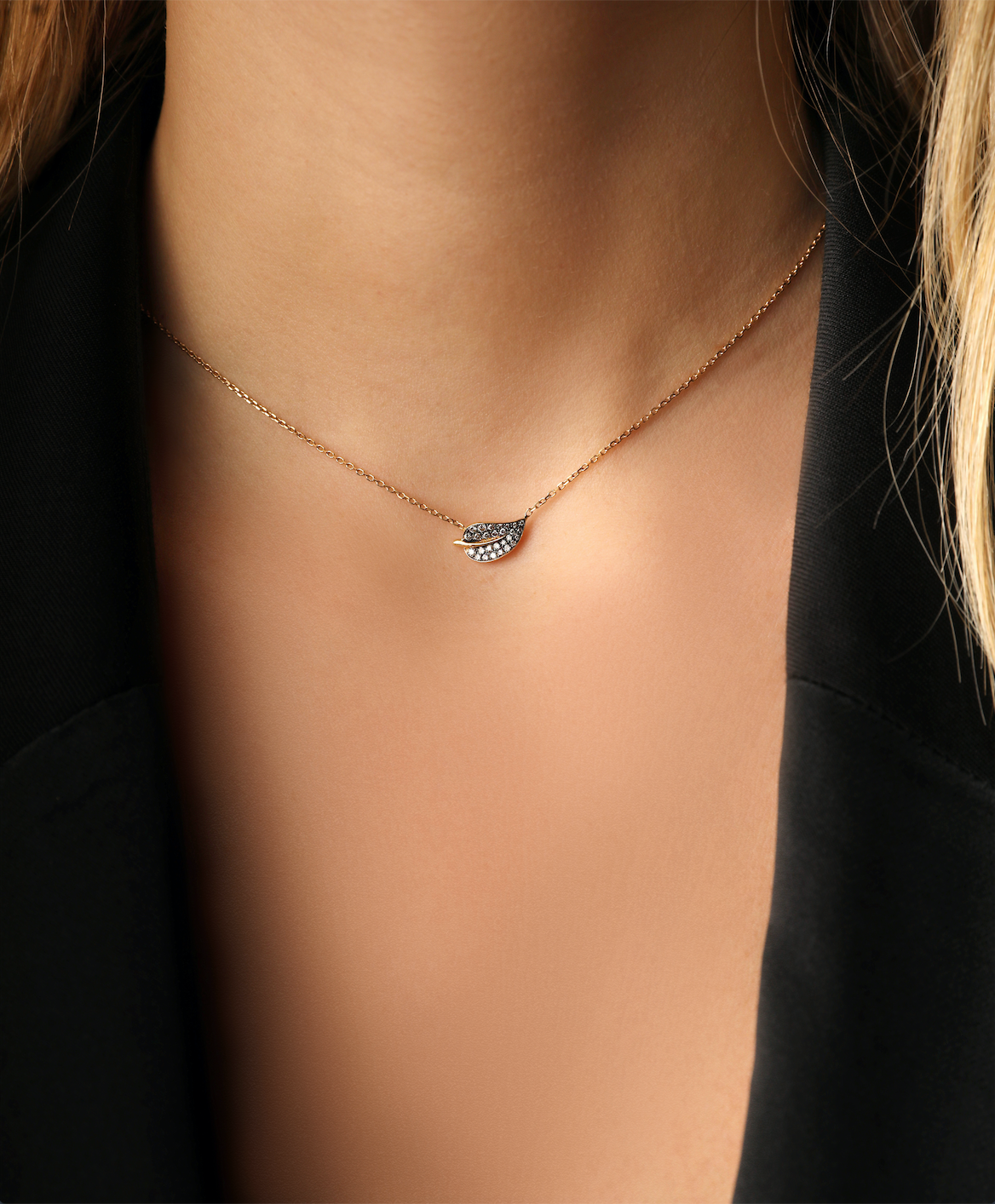 J by boghossian, white diamond, gold, necklace, leaf, black rhodium
